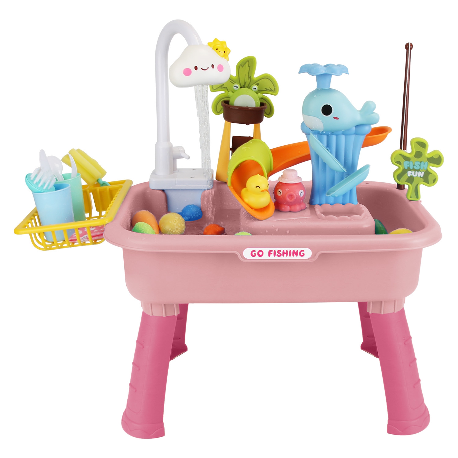 3 In 1 Kitchen Sink Toy with Electric Faucet Water Table Fishing Game Role Play Sink Set Indoor Outdoor for Kids Aged 3+ Years Old