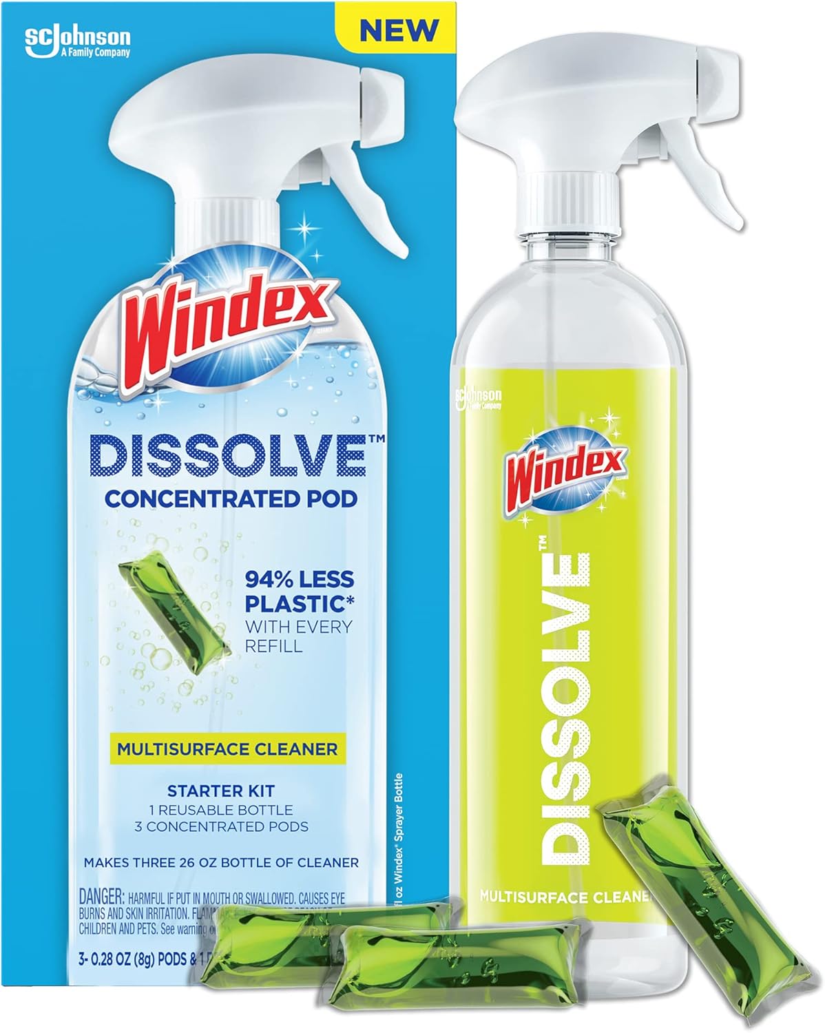 Windex Multisurface Cleaner Starter Kit - Contains 1 Reusable Bottle, 9 Concentrated Dissolvable Pods (9 Bottles in 1)