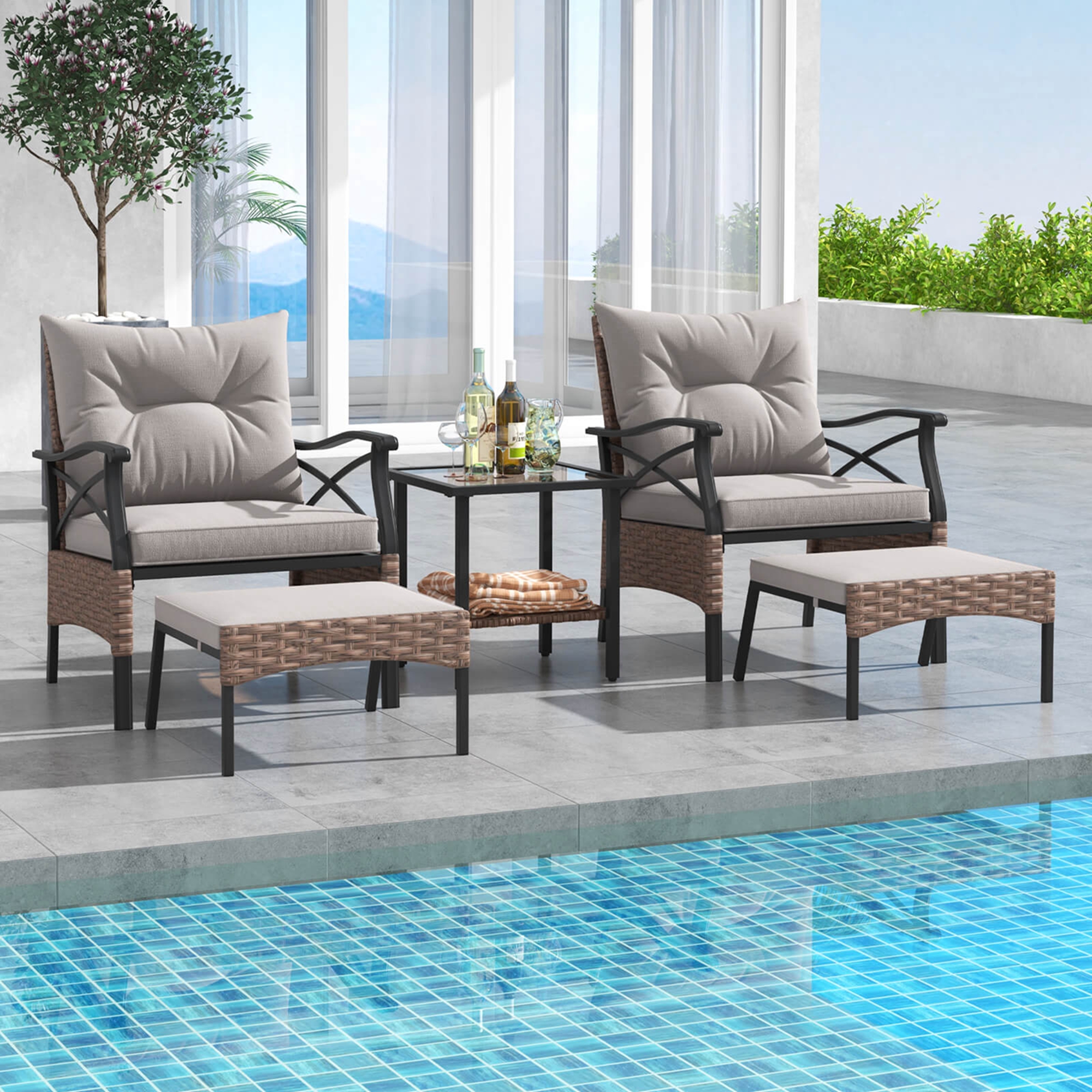 Costway 5-Piece Patio Furniture Set with 2-Tier Coffee Table & 2 Ottomans Cushions Included
