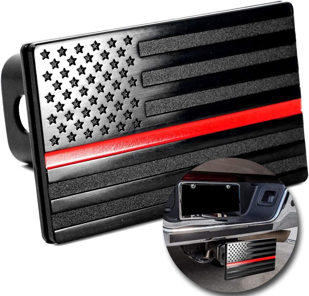 American Flag Hitch Cover – Metal US Trailer Hitch Cover – Fits 2” Receivers Black with Red Line USA