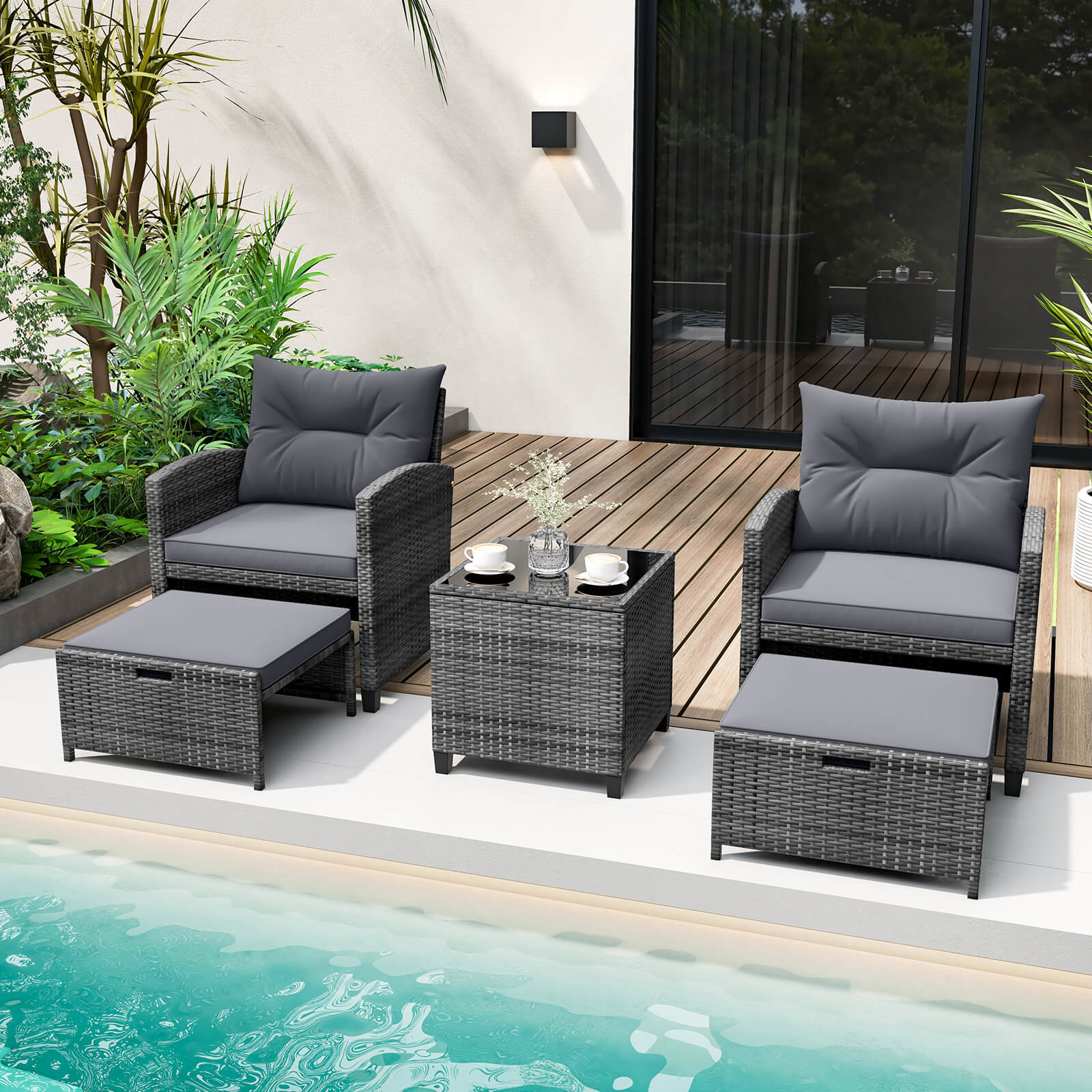 Costway 5-Piece Patio Rattan Set with 2 Ottomans & Coffee Table