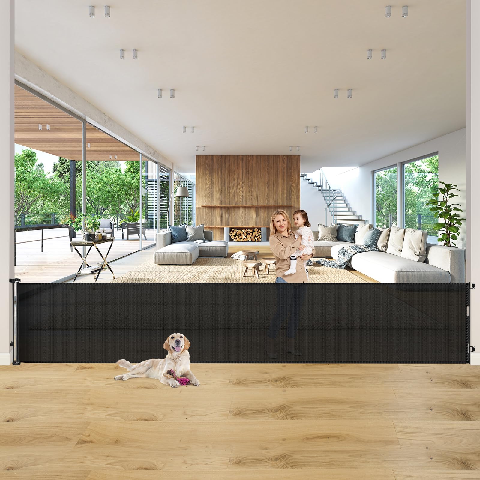 KISKIZ 160" EXTRA WIDE RETRACTABLE BABY GATE FOR OPENINGS, DOG GATE - BLACK