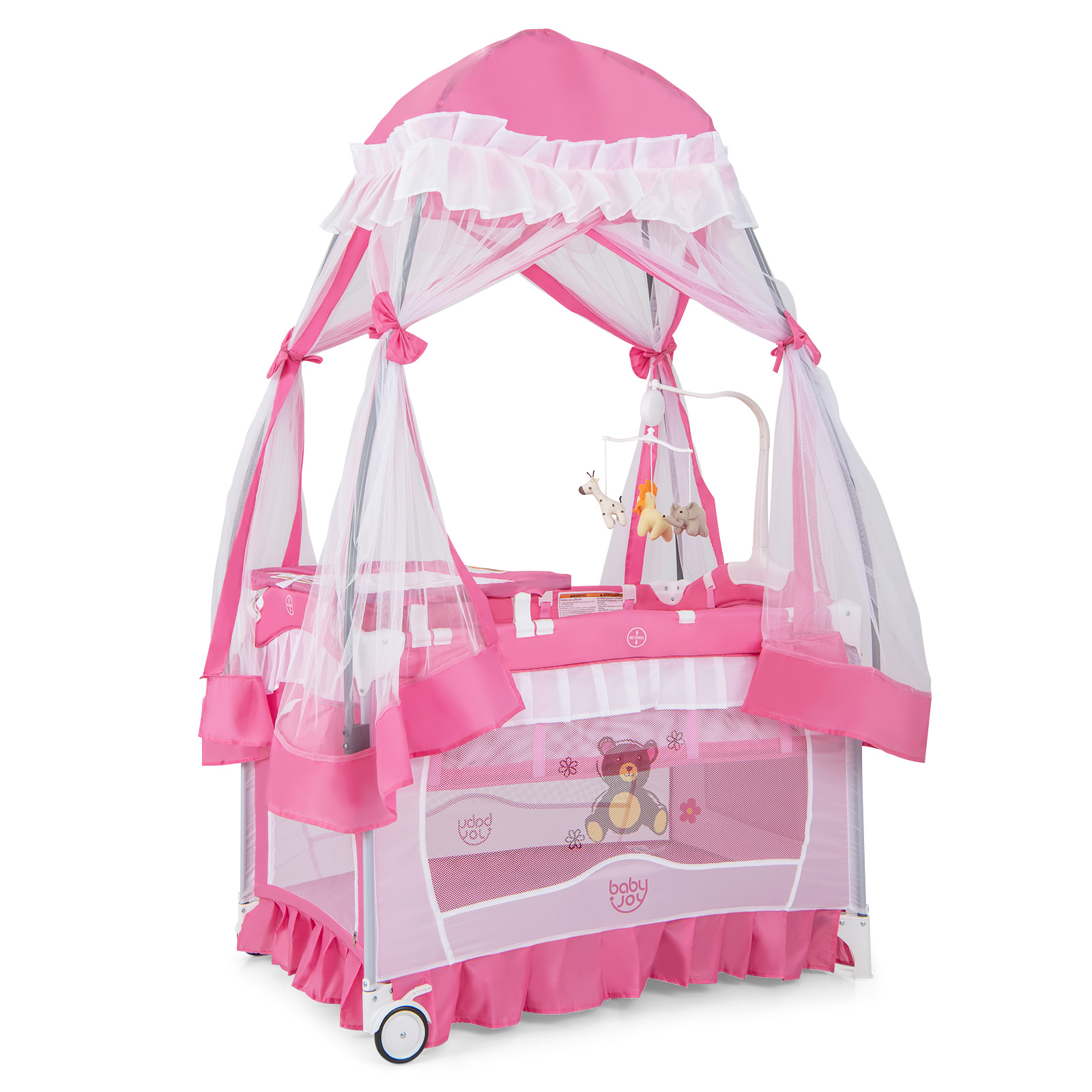 Babyjoy Portable Playpen Crib Cradle Baby Bassinet Changing Pad Mosquito Net with Bag Light Pink/Grey/Pink