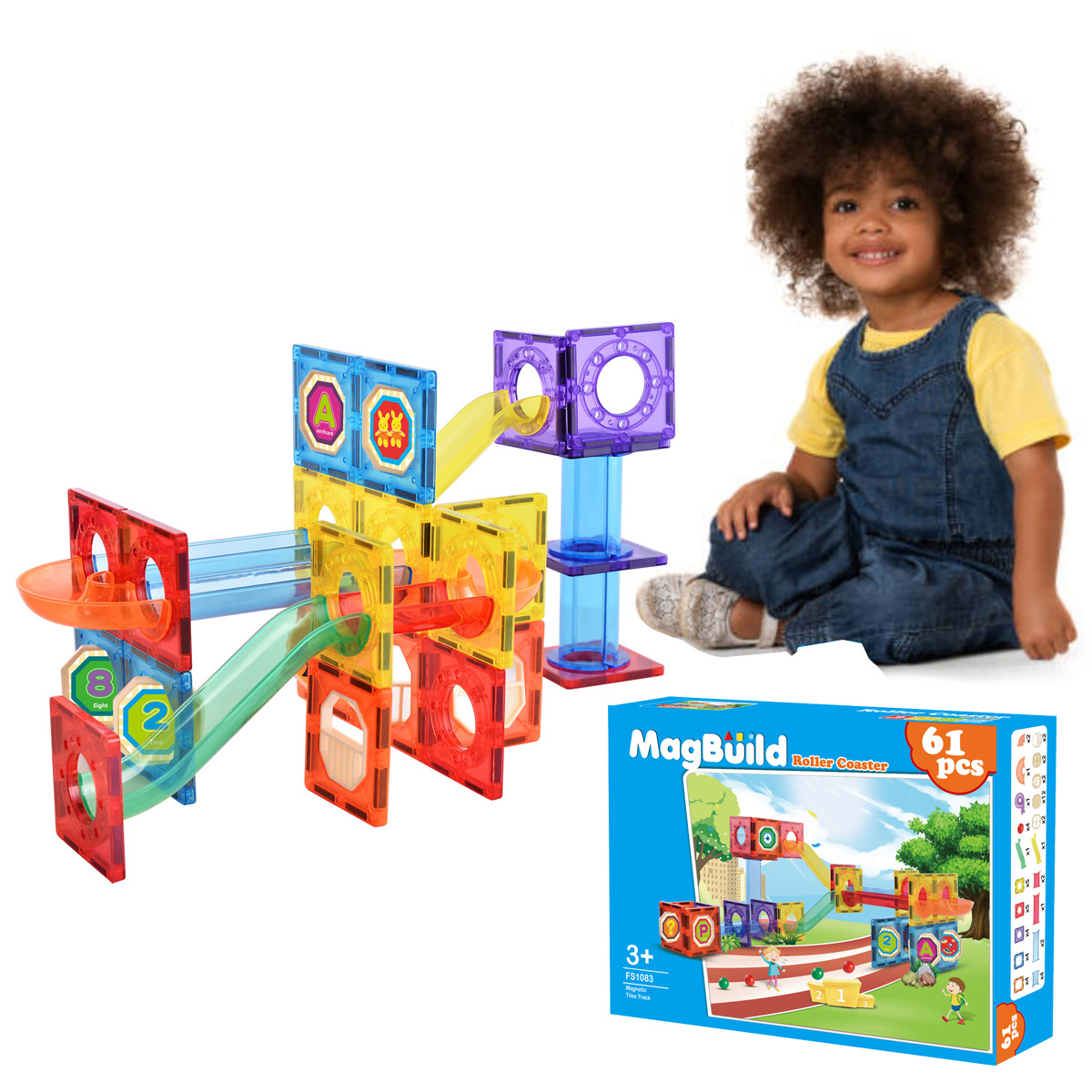 Zunammy Roller Coaster Kids Magnetic Building Blocks Tile Set ( 61 Piece )