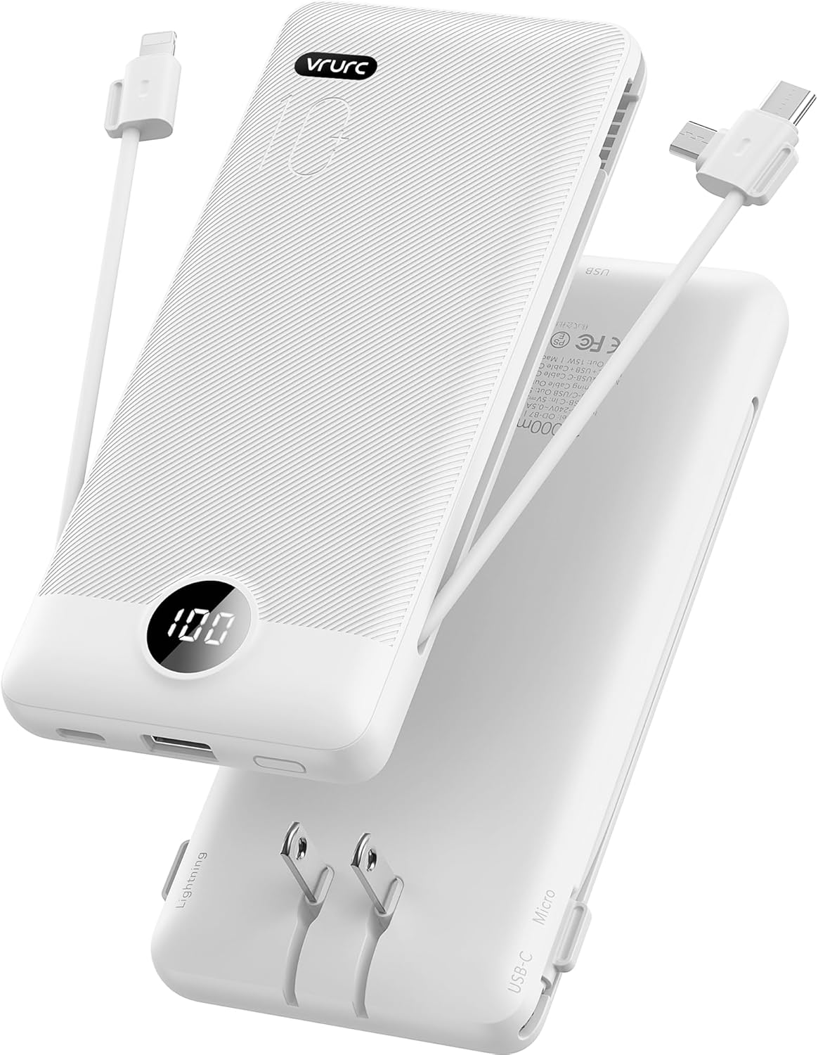 VRURC Portable Charger Built-in Cables and AC Wall Plug, USB C Power Bank 10000mAh