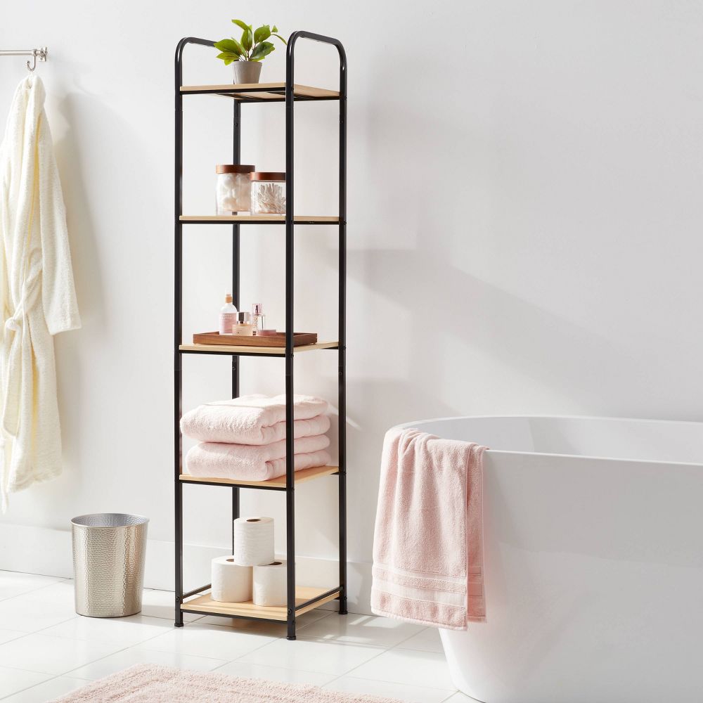 Tall Bath Wood Storage Towel Black Metal