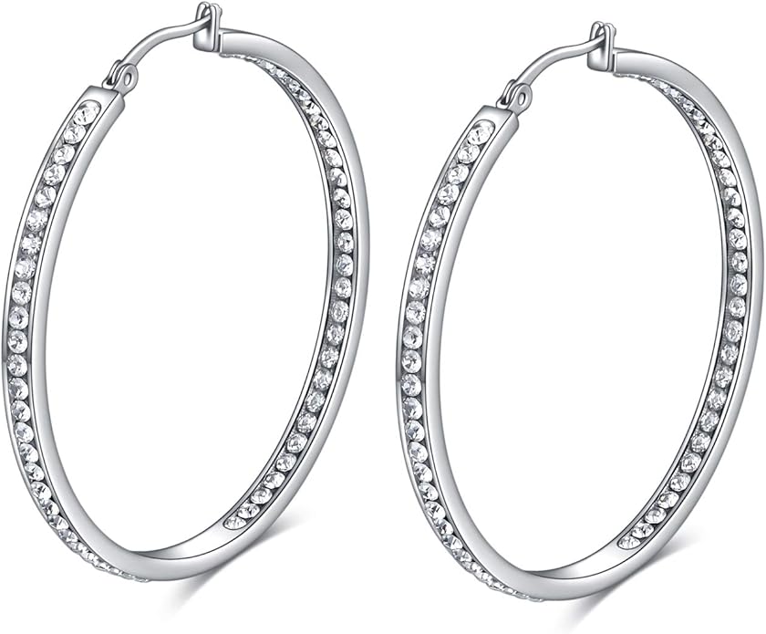 Stainless Steel Inside Out 40mm CZ Hoop Earrings