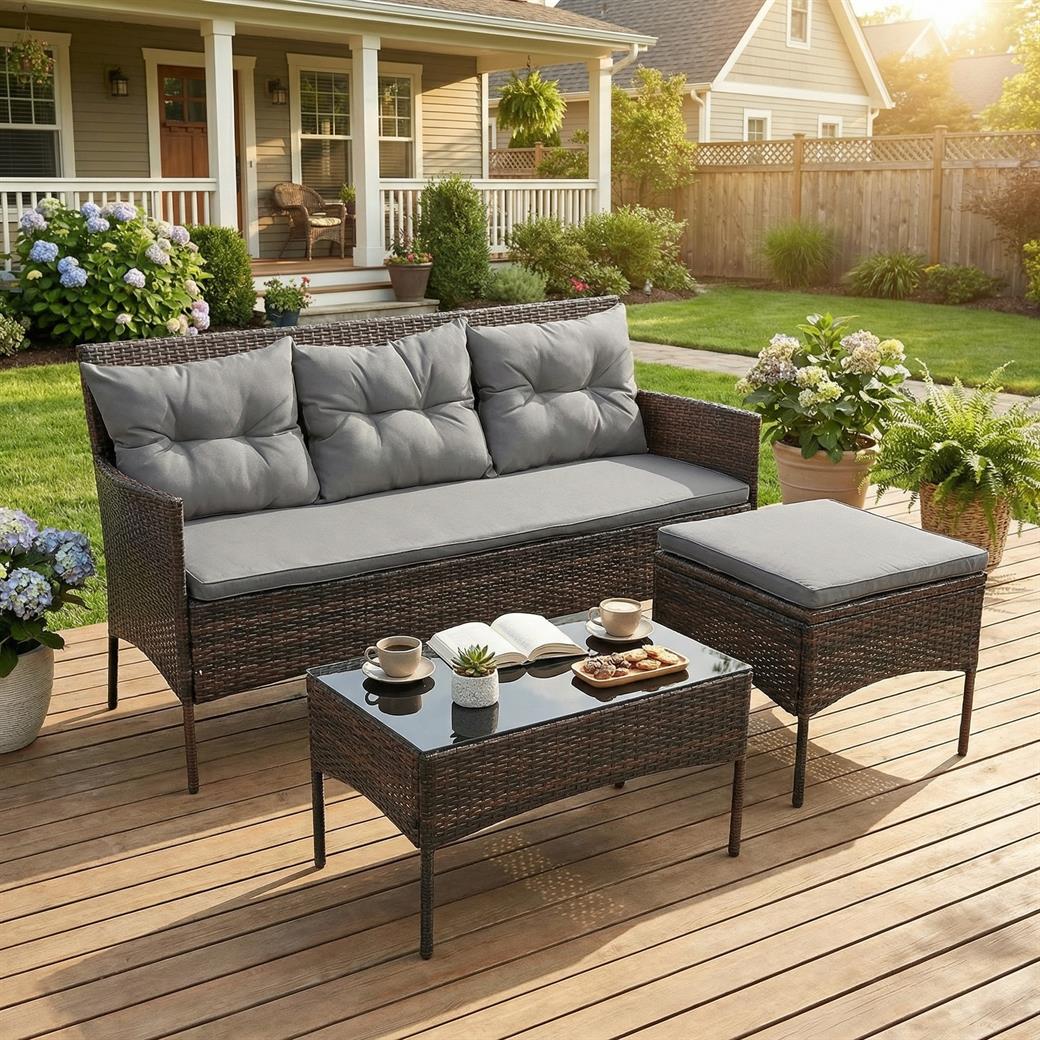 3 Pieces Patio Furniture Sectional Set with 5 Cozy Seat and Back Cushions-Gray