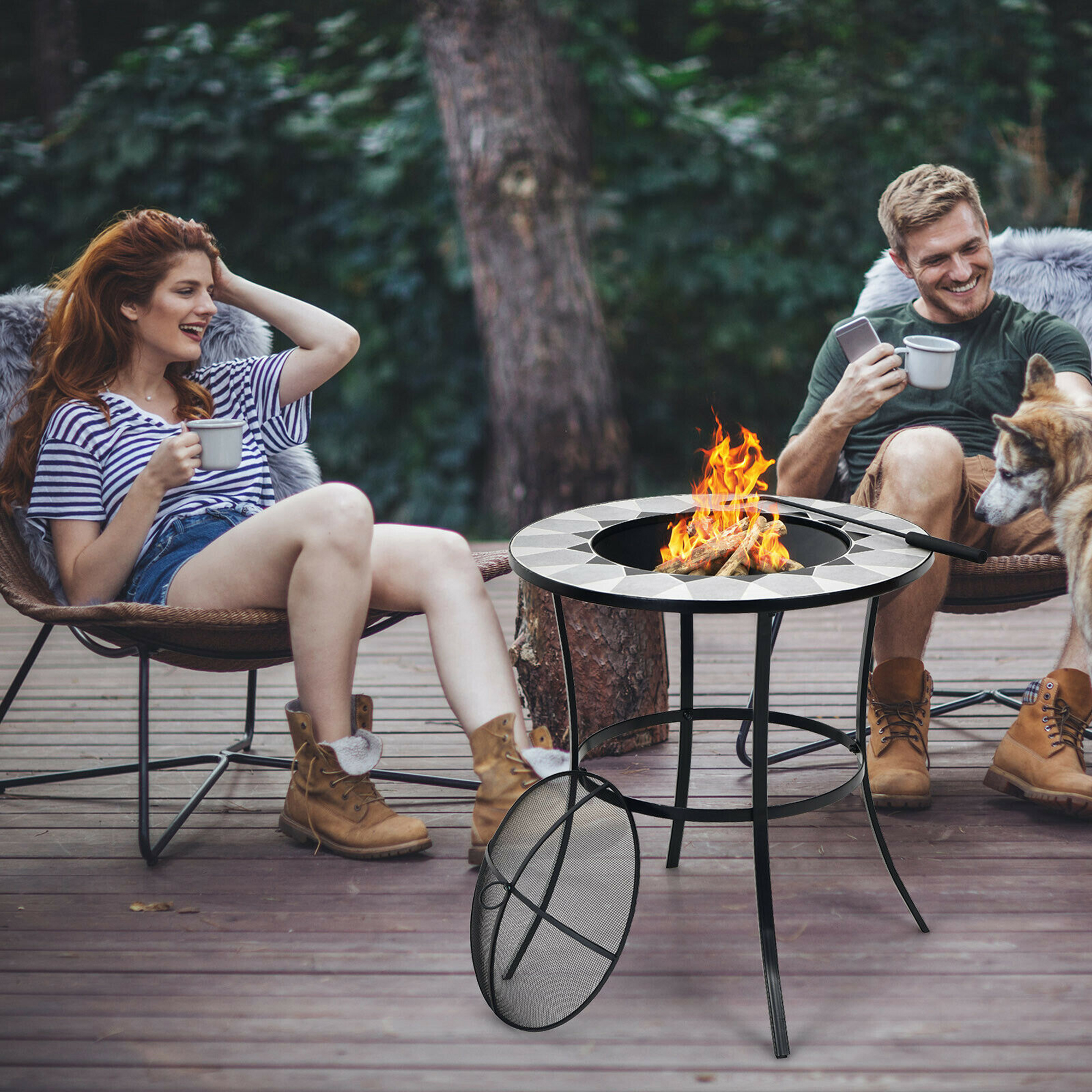 23.5'' Round Fire Pit Table Wood Burning Heater W/ Mesh Cover & Fire Poker
