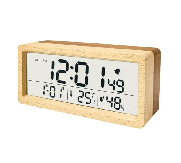 Wooden Digital Alarm – Calendar Display – Smart Sensor Night Light – Temperature – Snooze