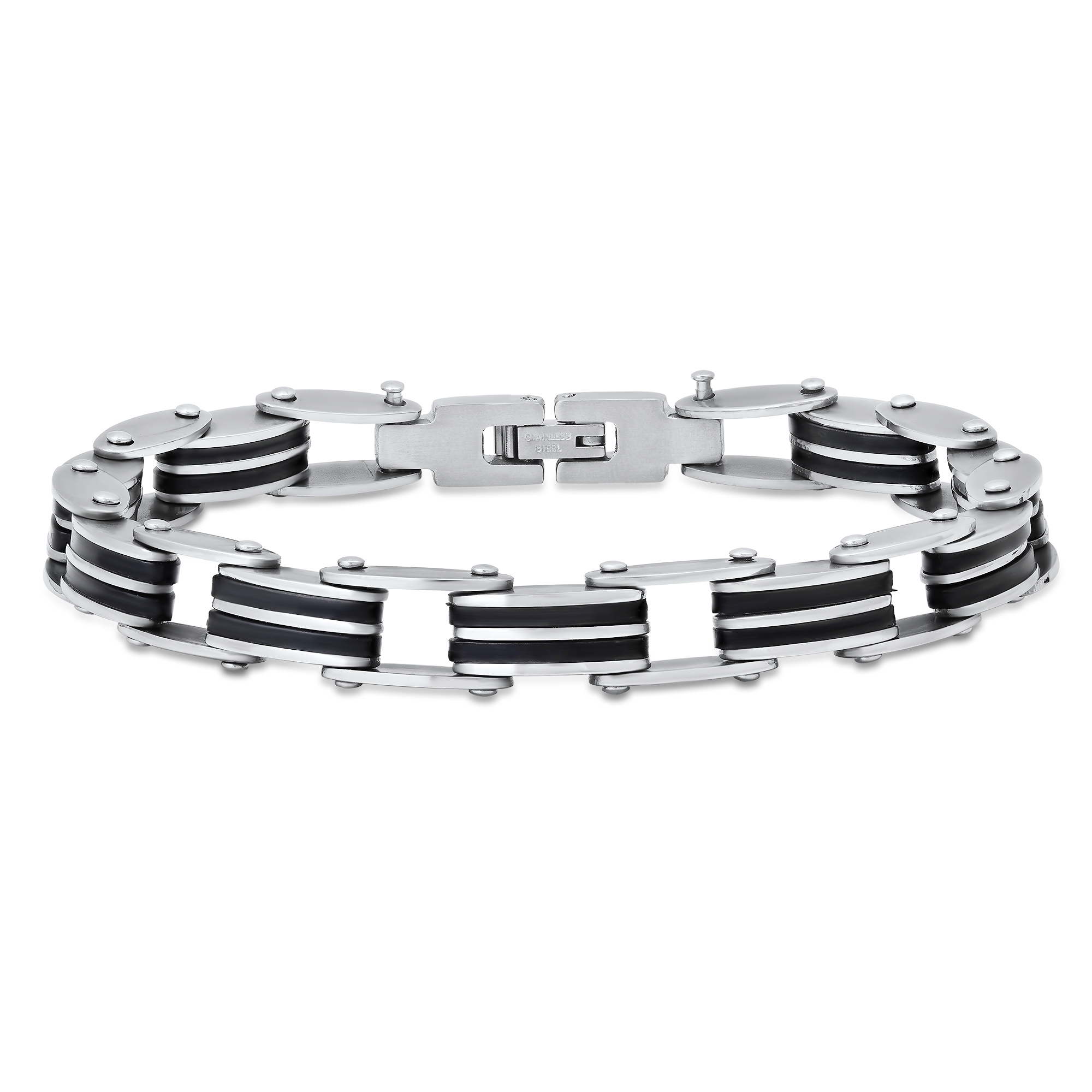 Stainless Steel & Black Rubber "Track Link" Bracelet