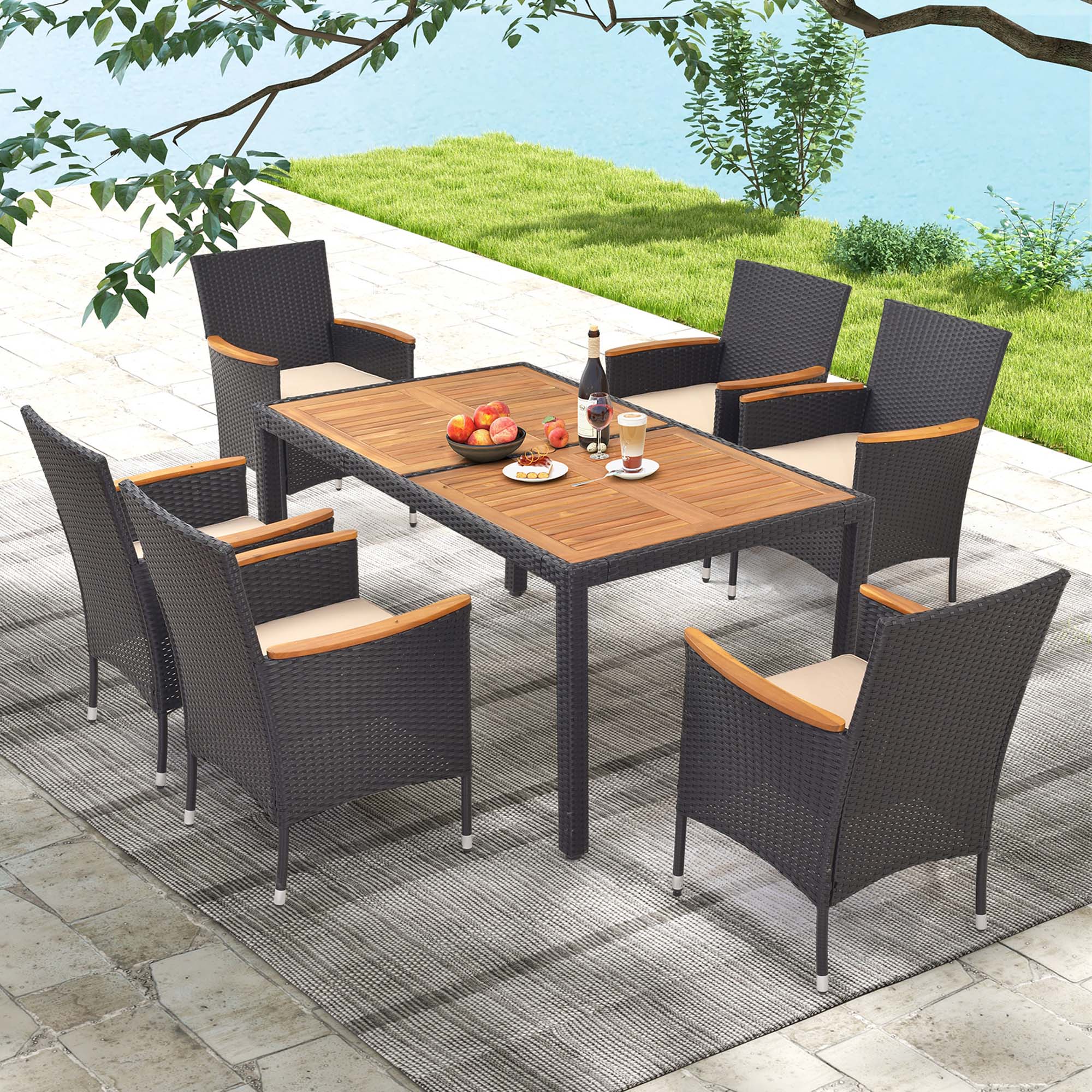 7 Piece Set Outdoor Acacia Wood Dining Set for 6 with Umbrella Hole