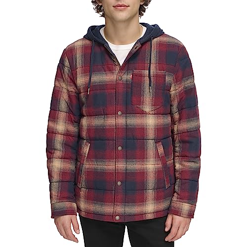 LEVI'S MEN'S PLAID SHERPA LINED HOODED SHIRT JACKET SIZE MEN L RED OMBRE