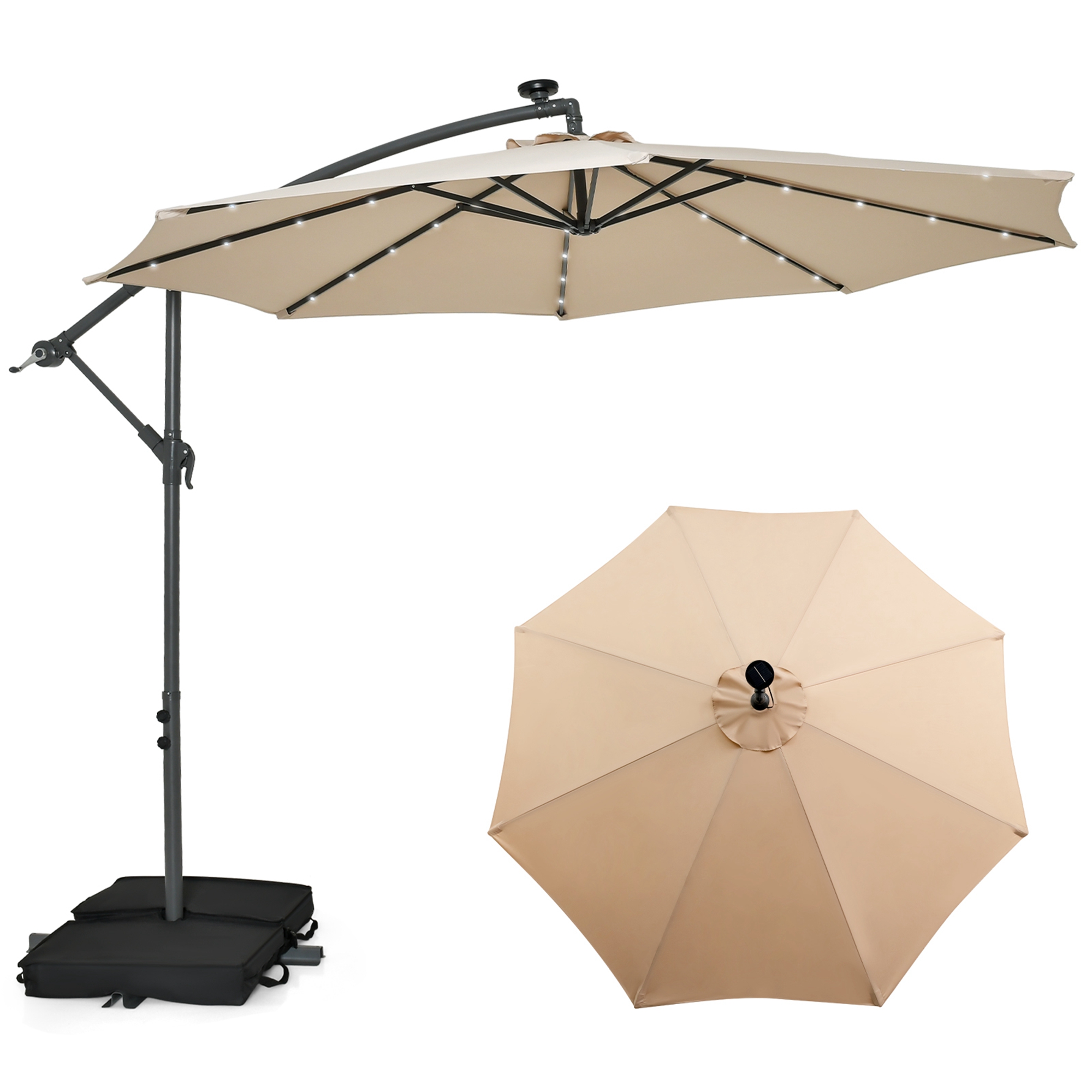 Costway Patio 10FT Hanging Offset Umbrella 32 LED Lights Sand Bag Outdoor Cross Base