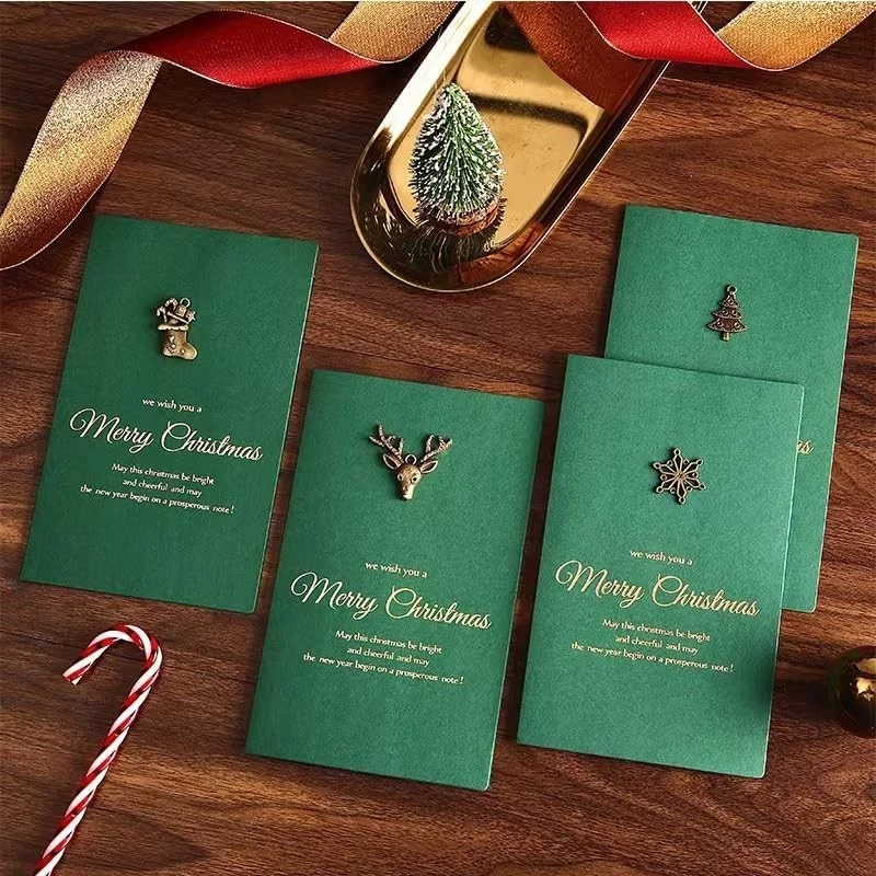5-Pack Retro Christmas Card with Metal Emblems