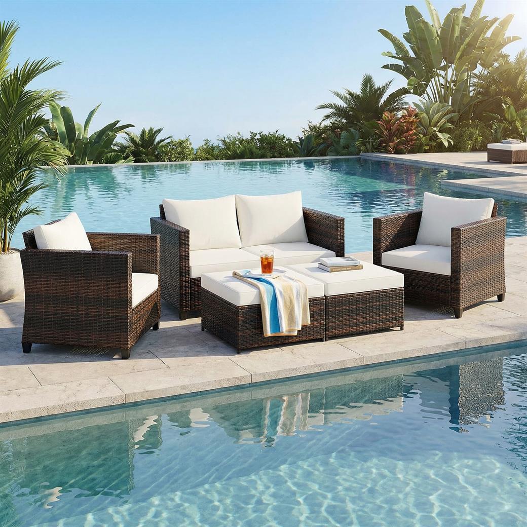 5 Pieces Patio Cushioned Rattan Furniture Set-White