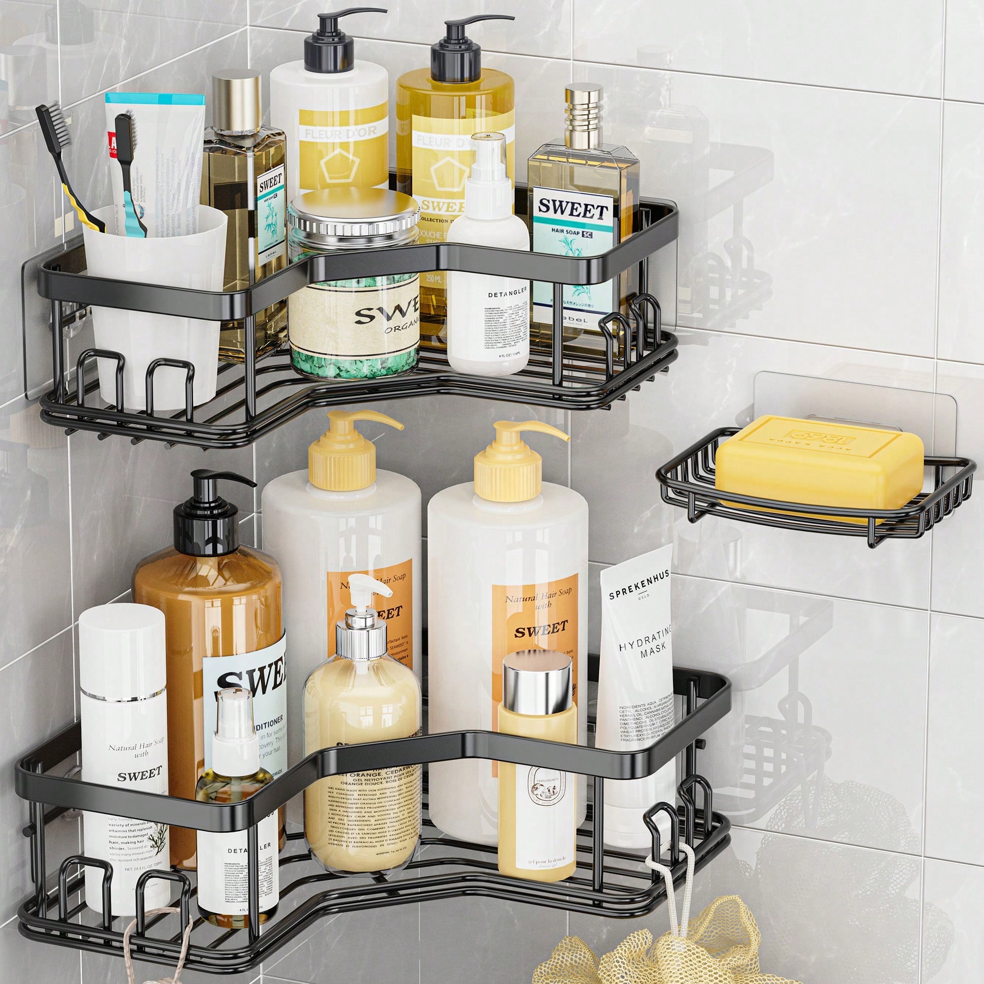 3-Pack Set Corner Adhesive Shower Caddy, with Soap Holder