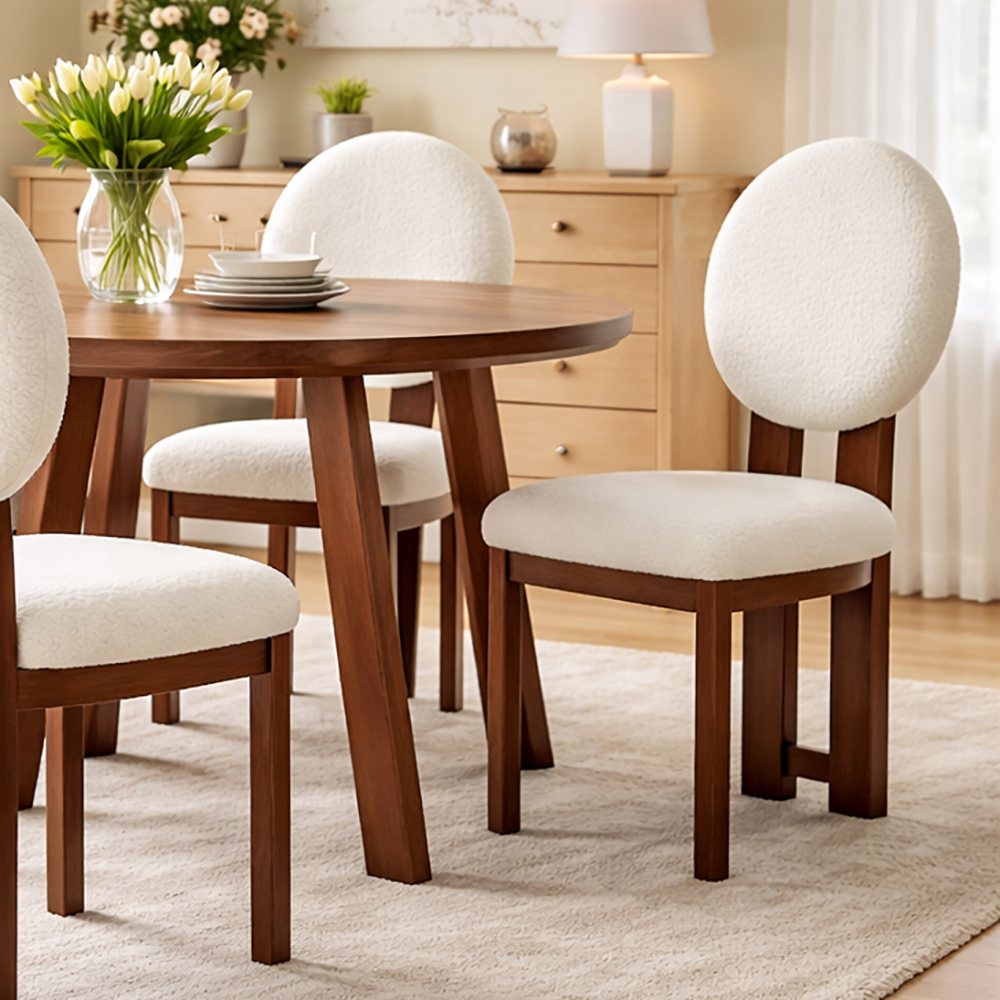 Set of 2 Boucle Upholstered Round Back Side Chair with Wood Frame