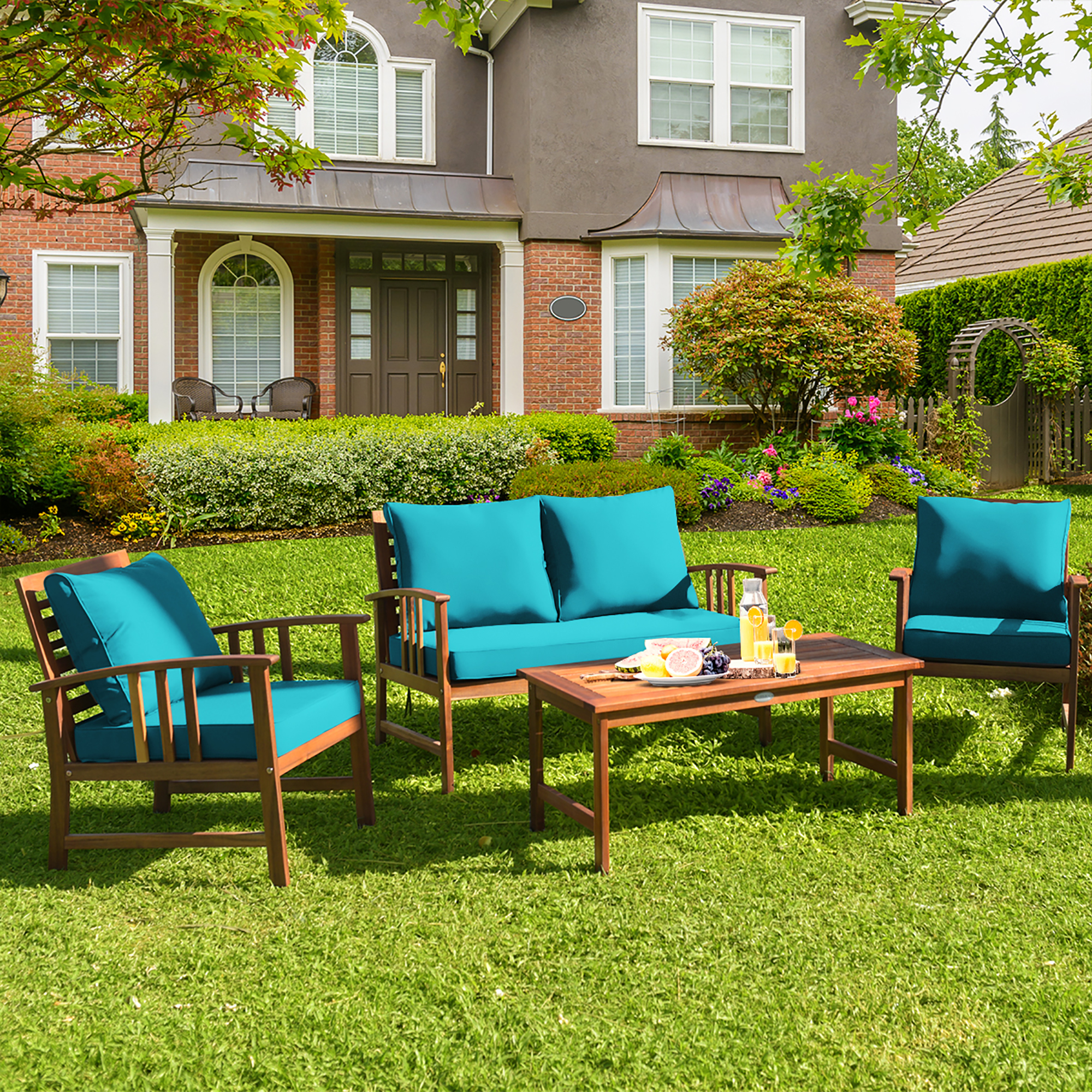 Costway 4-Piece Wooden Patio Furniture Set Table Sofa Chair Cushioned Garden