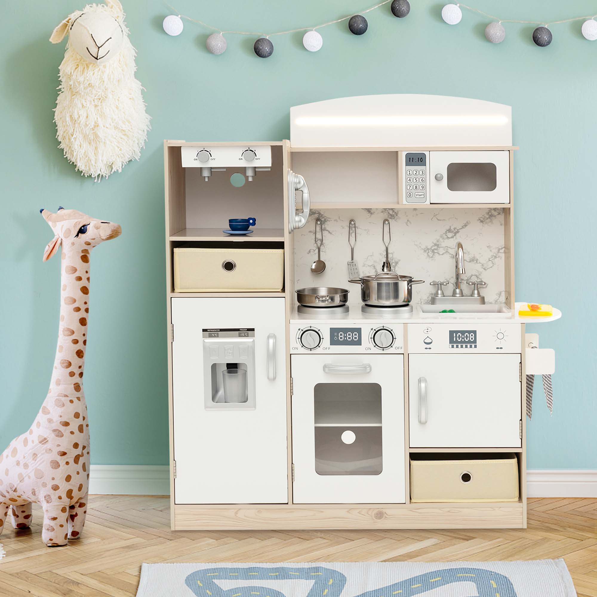 Kids Pretend Play Kitchen Wooden Toy Playset with LED Lighting & Coffee Maker