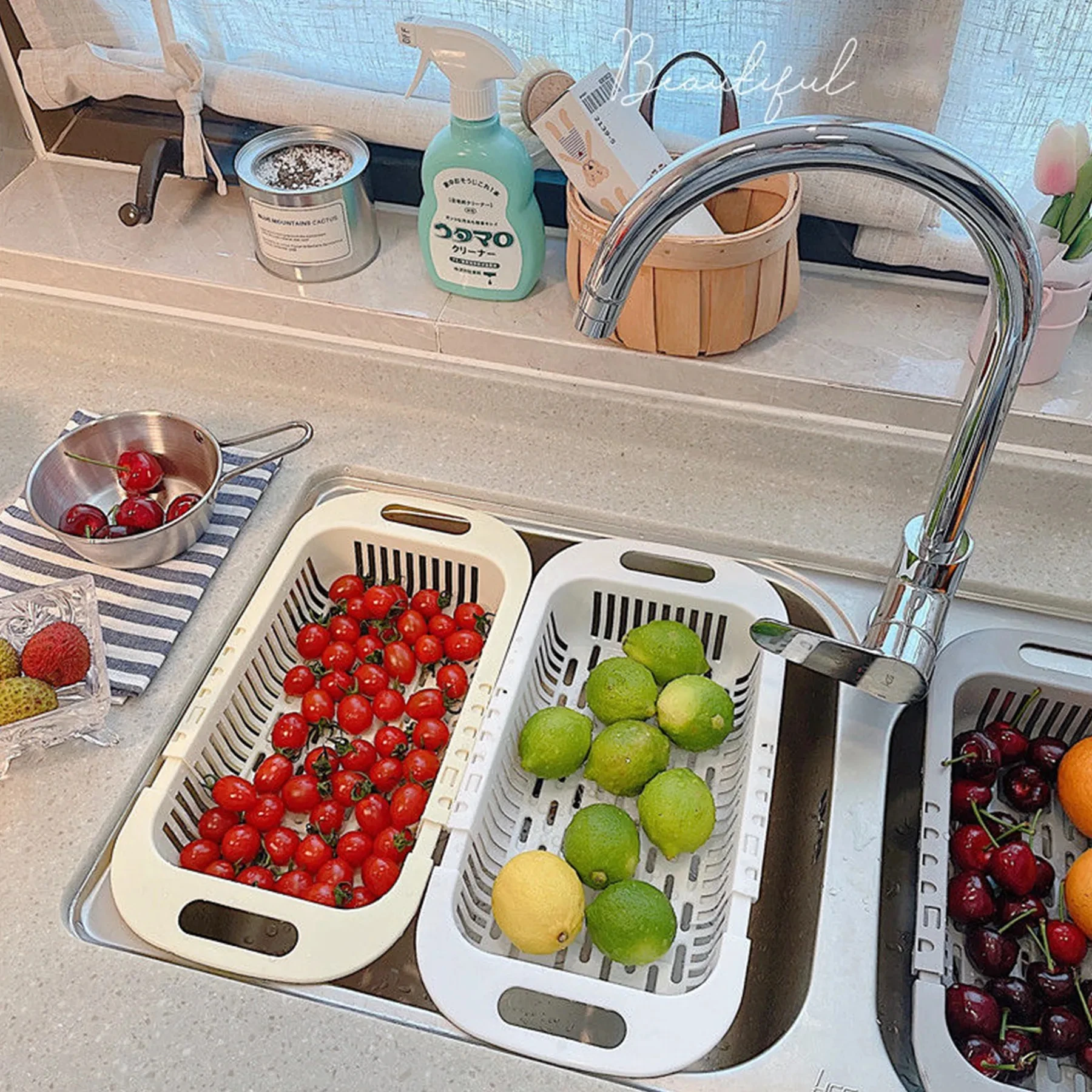 Kitchen Supply-Over the Sink Colander Strainer Basket Retractable Kitchen Sink Basket