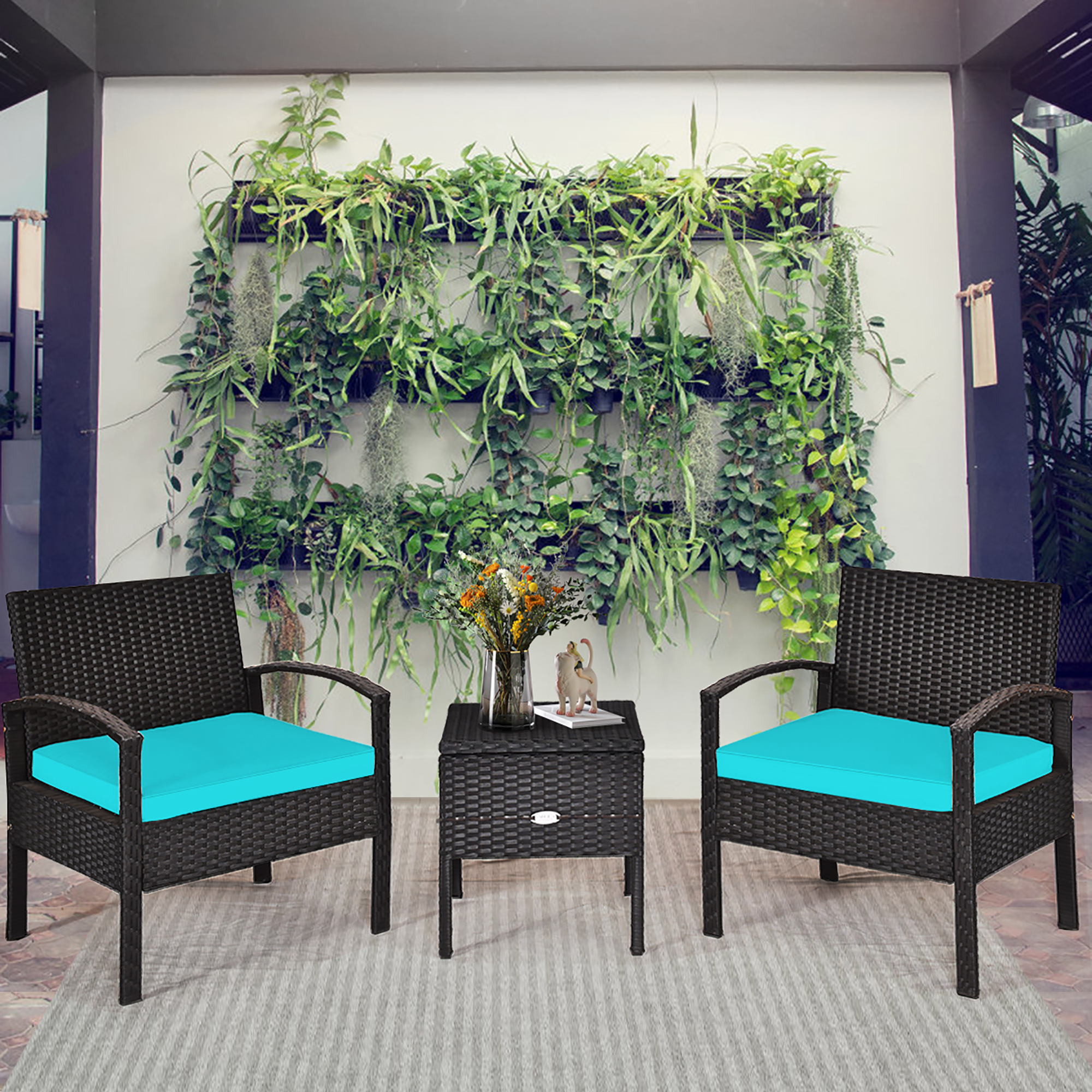 3 Piece Set: Rattan Cushioned Patio Set W/ Storage Table