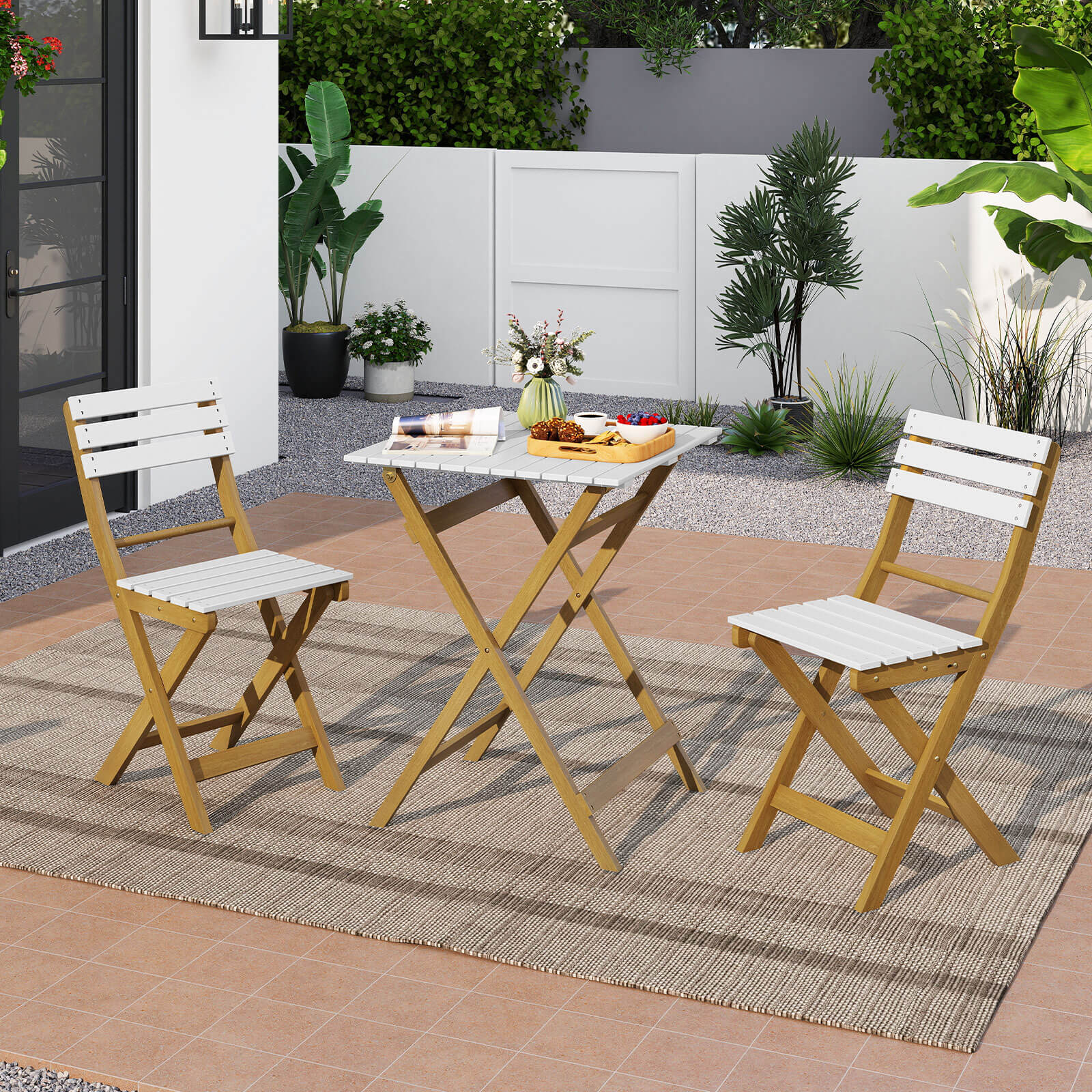 Costway 3-Piece Folding Patio Bistro Setwith Slatted Design Small Outdoor Furniture Set