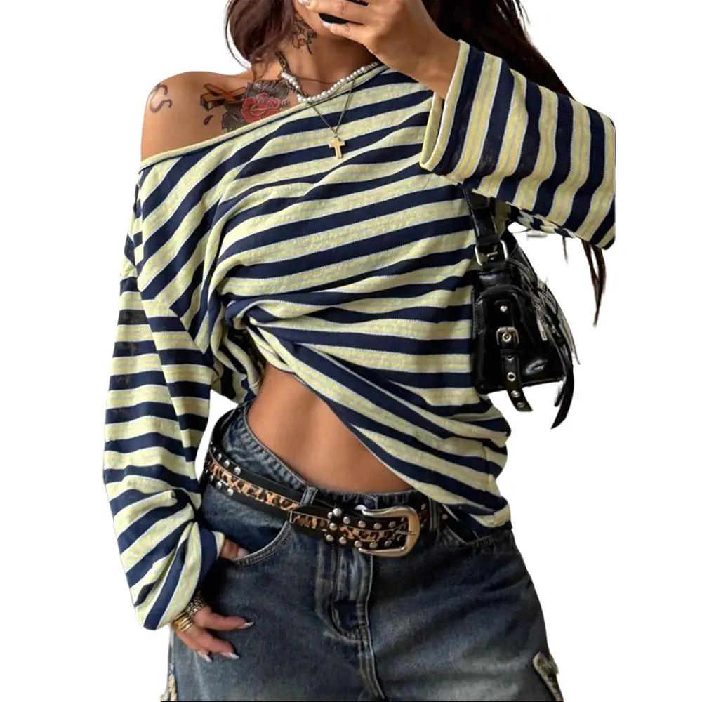Women's Slant Off Shoulder Striped Long Sleeve T Shirt, Oversized Loose Fit Casual Top