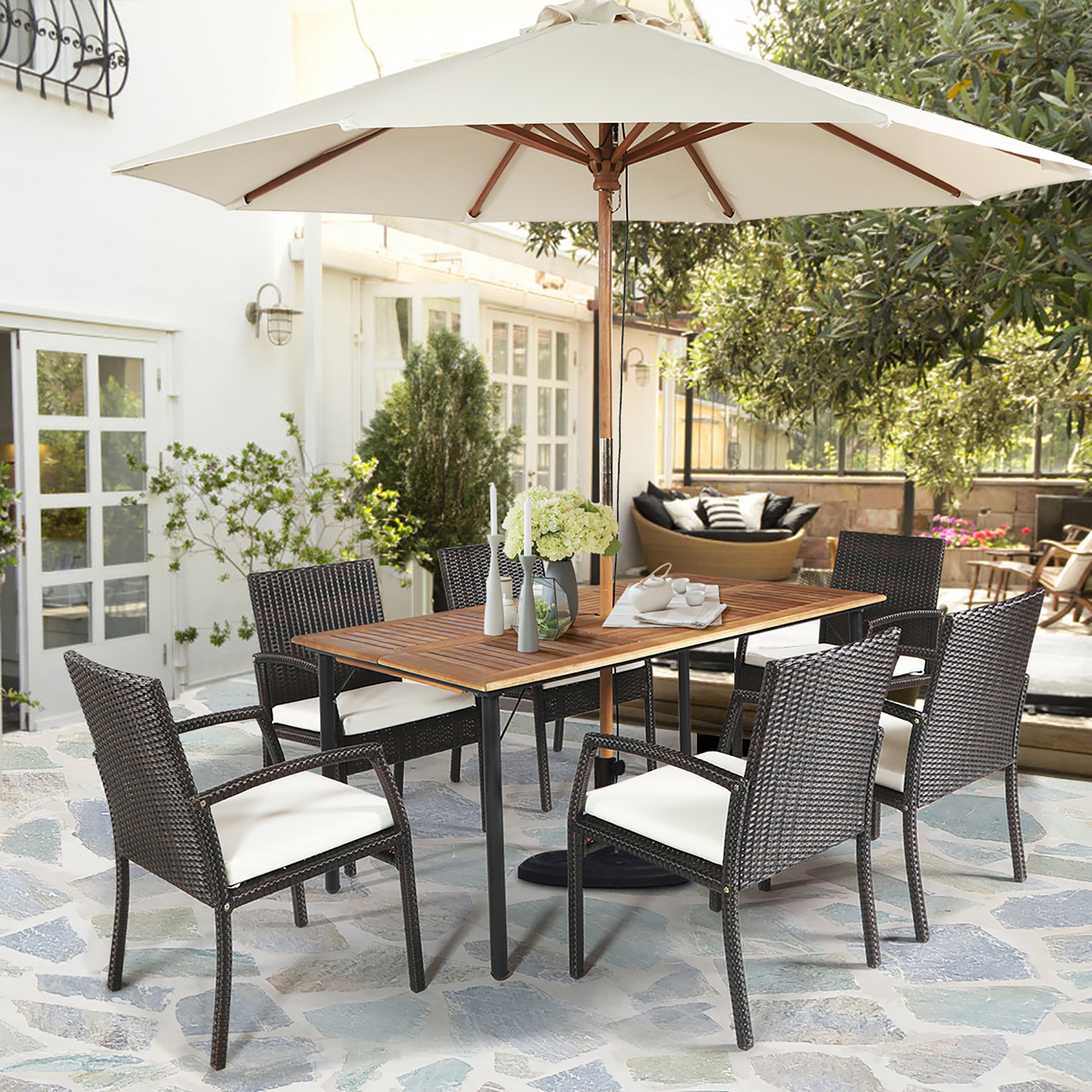 7 Piece Set: Costway Patio Wooden Dining Set W/Umbrella Hole