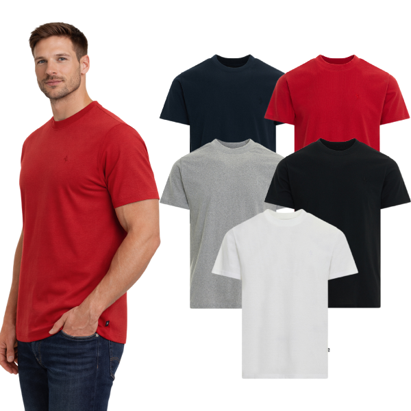 5 Pack: Men’s 100% Cotton Crew Neck Short Sleeve T-Shirt Embroidered Logo Flag Tag (Sizes S-XXL)