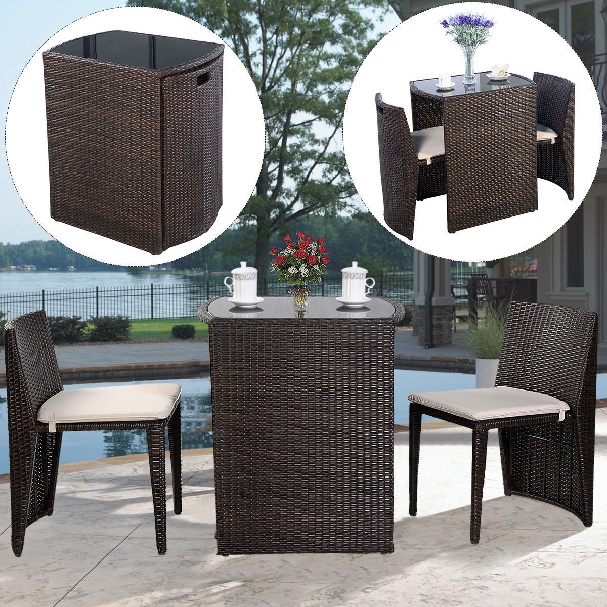 3 Piece Set: Cushioned Rattan Outdoor Garden Set