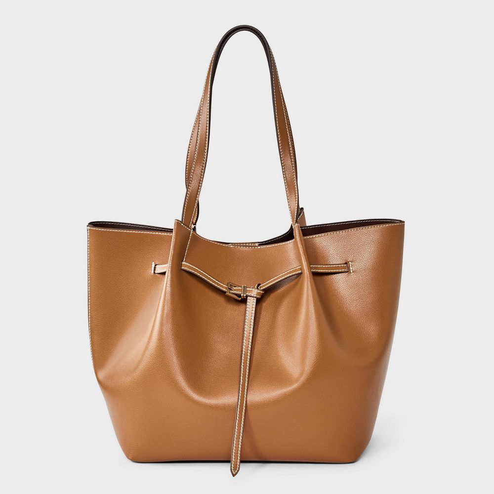 Belted Pinched Handle Tote Handbag - A New Day Brown