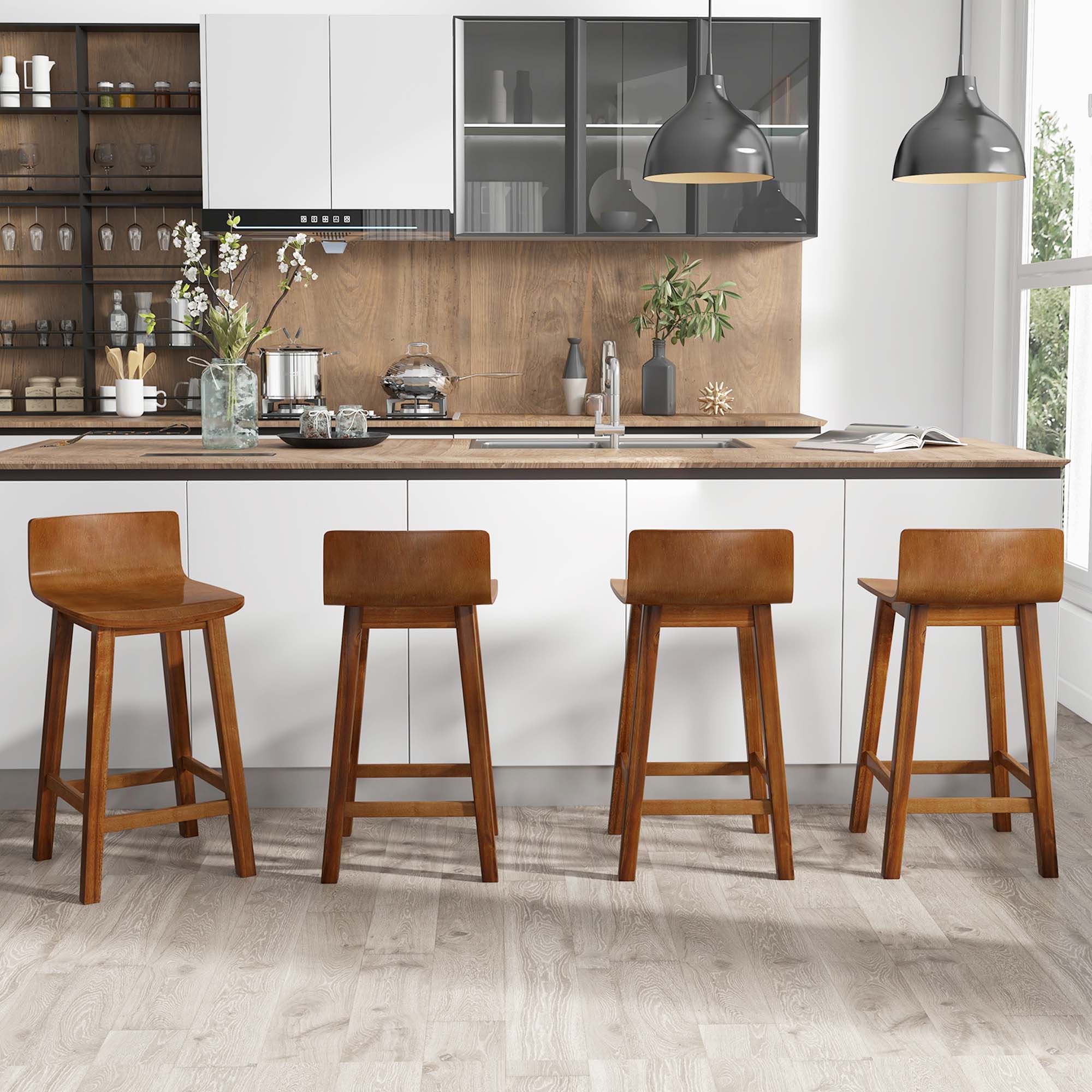 2-Pack 24.5" Wood Bar Stools with Solid Back & Seat