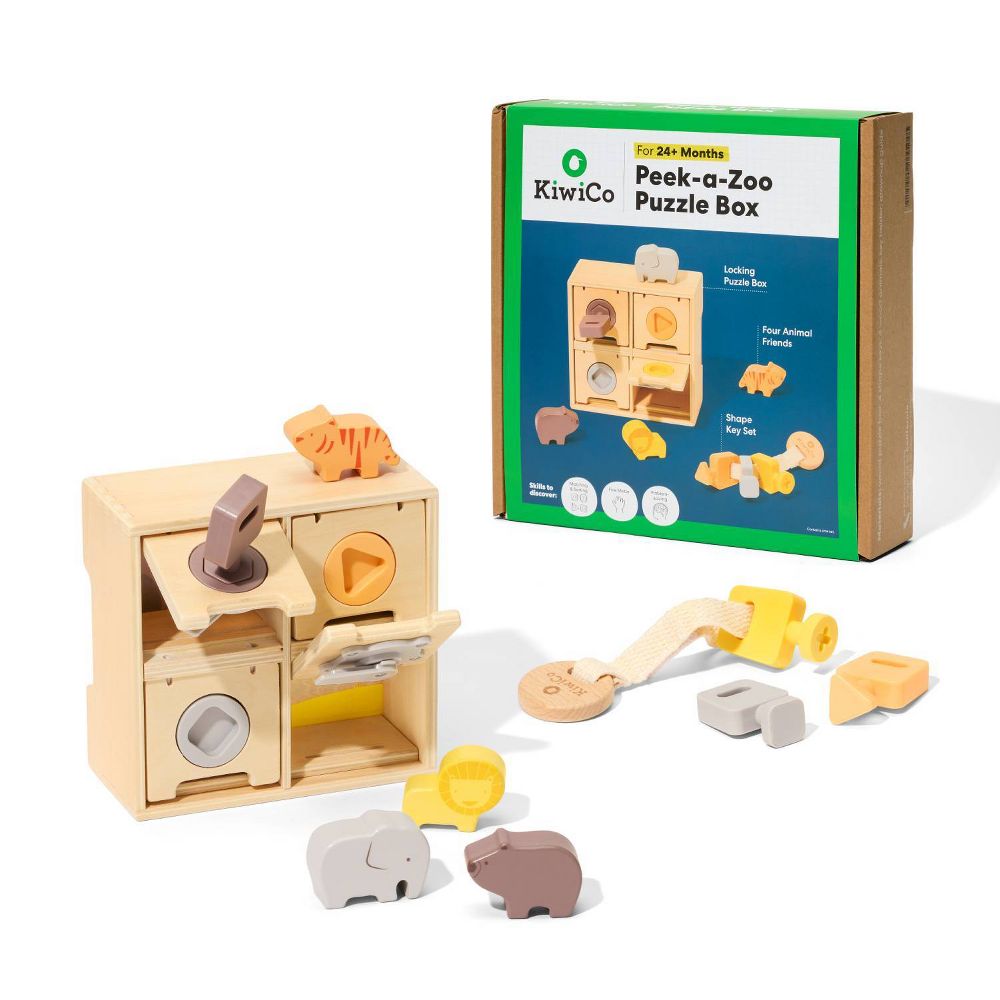 10pc KiwiCo Peek-a-Zoo Wooden Puzzle Box Activity w/ Shapes Animals Locking