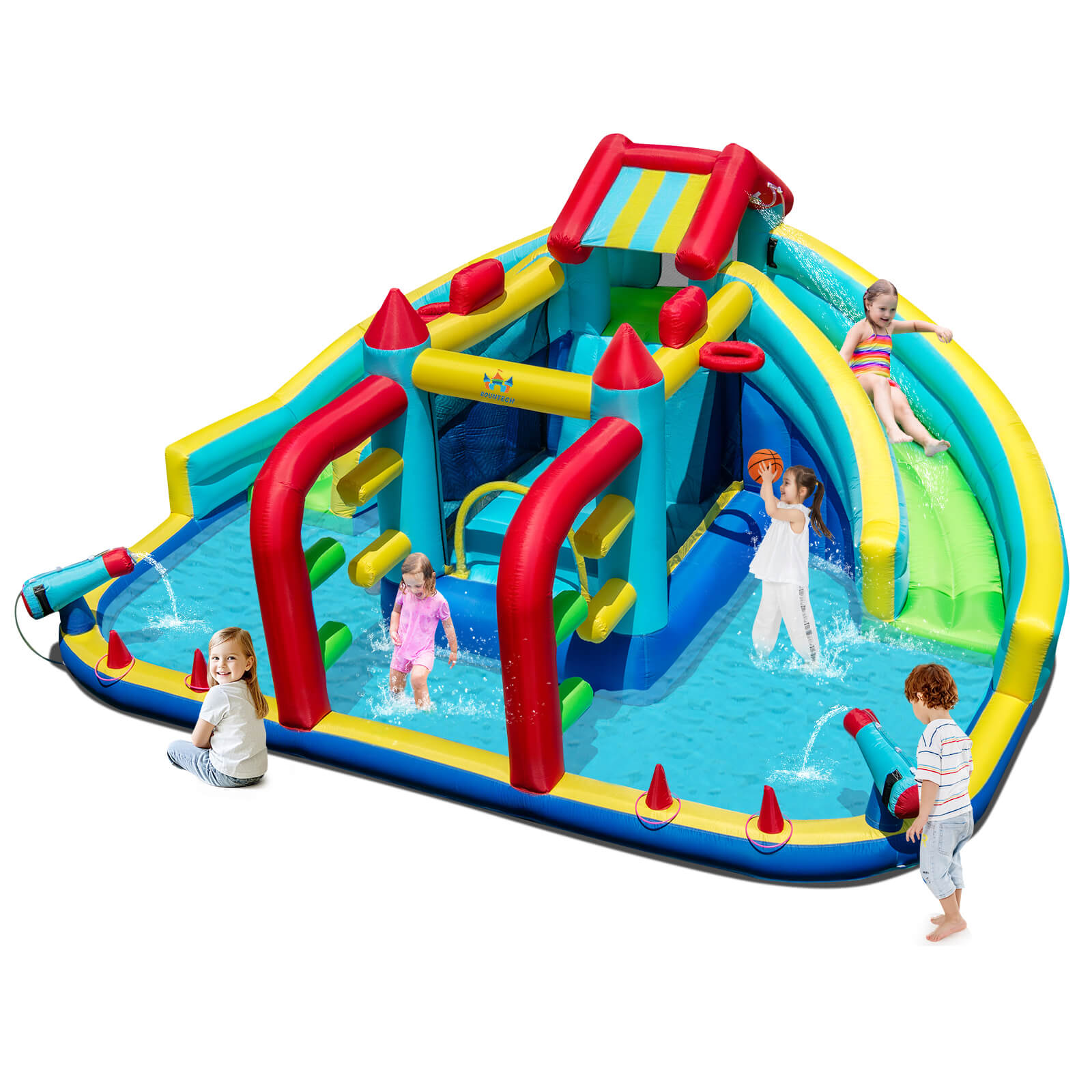 Costway Inflatable Water Park with Climbing Wall Splash Pool Water Cannons Blower
