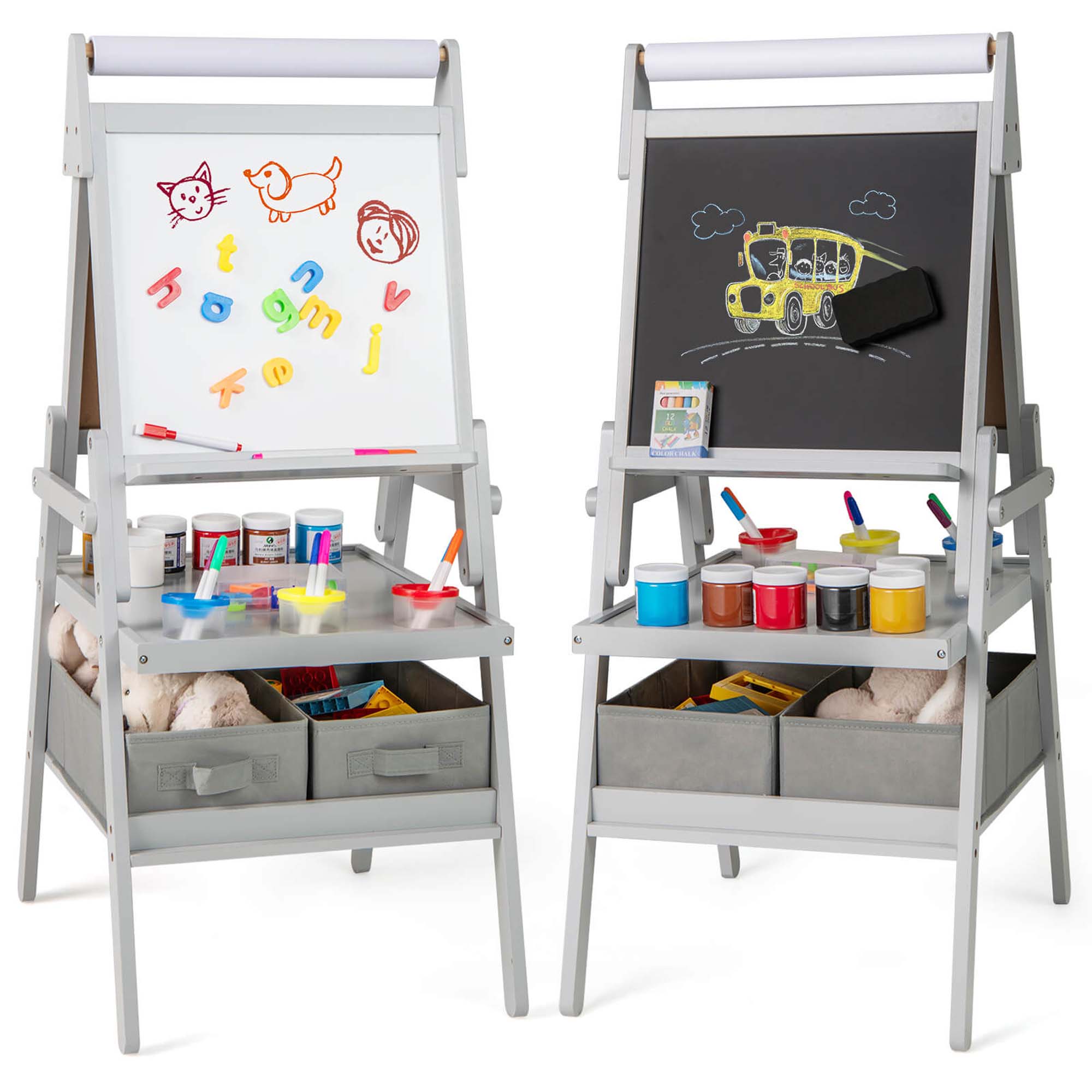 Costway 3-in-1 Art Easel for Kids with Magnetic Chalkboard & Whiteboard Paper Roll