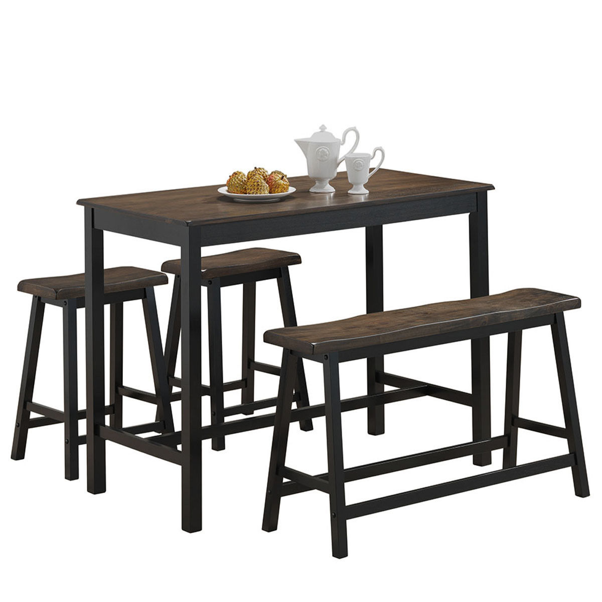 Costway 4 Pcs Solid Wood Counter Height Table Set w/ Height Bench & Two Sad