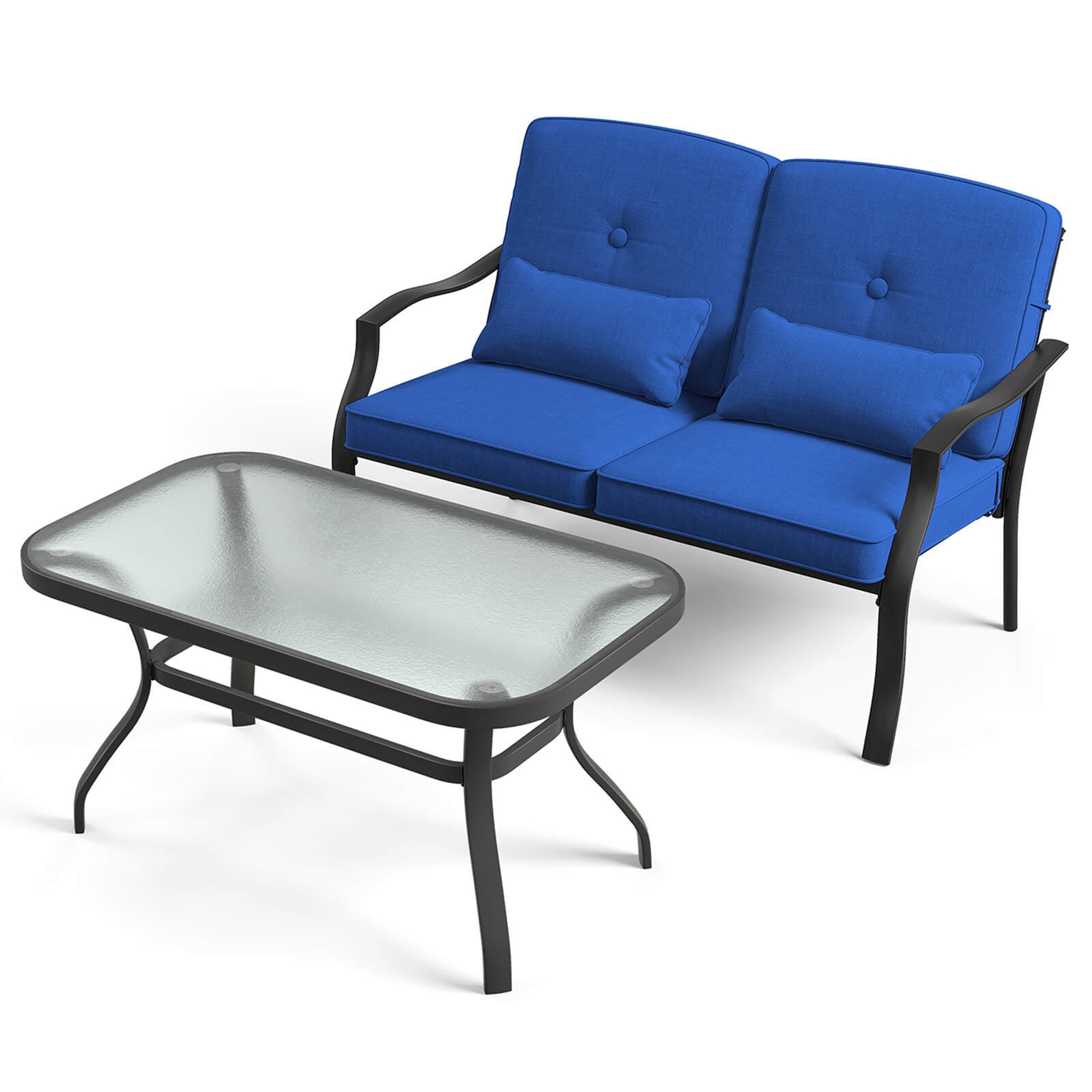 Costway 2 PCS Patio Furniture Set Outdoor Loveseat Chair Coffee Table Cushioned Seat Navy/Grey