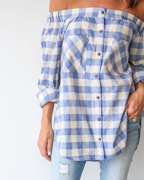 Smocked Plaid Off The Shoulder Flared Long Sleeve Blouse main image 0