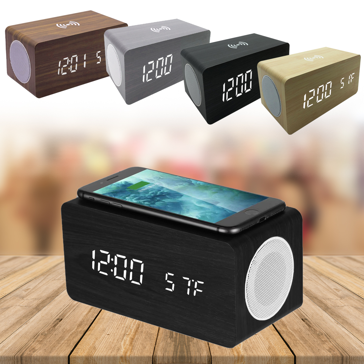 Zummy Wood Digital LED Alarm Clock / Thermometer / Charger / Bluetooth Speaker