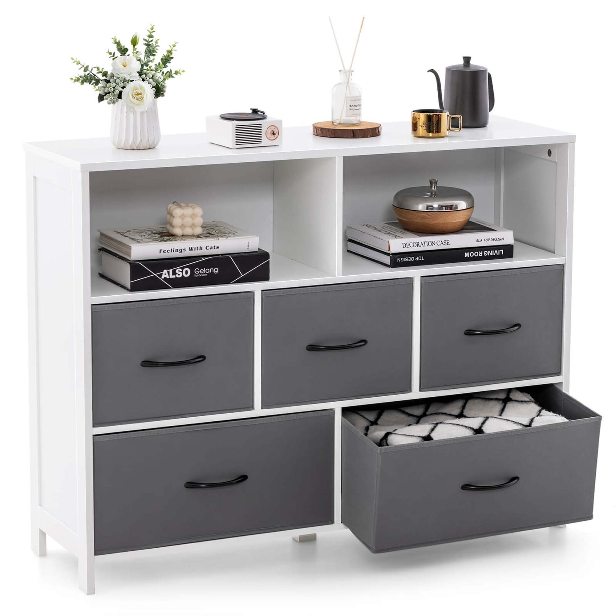 Costway 5/7-Drawer Dresser for Bedroom Chest of Drawers with 2 Large Fabric Bins White