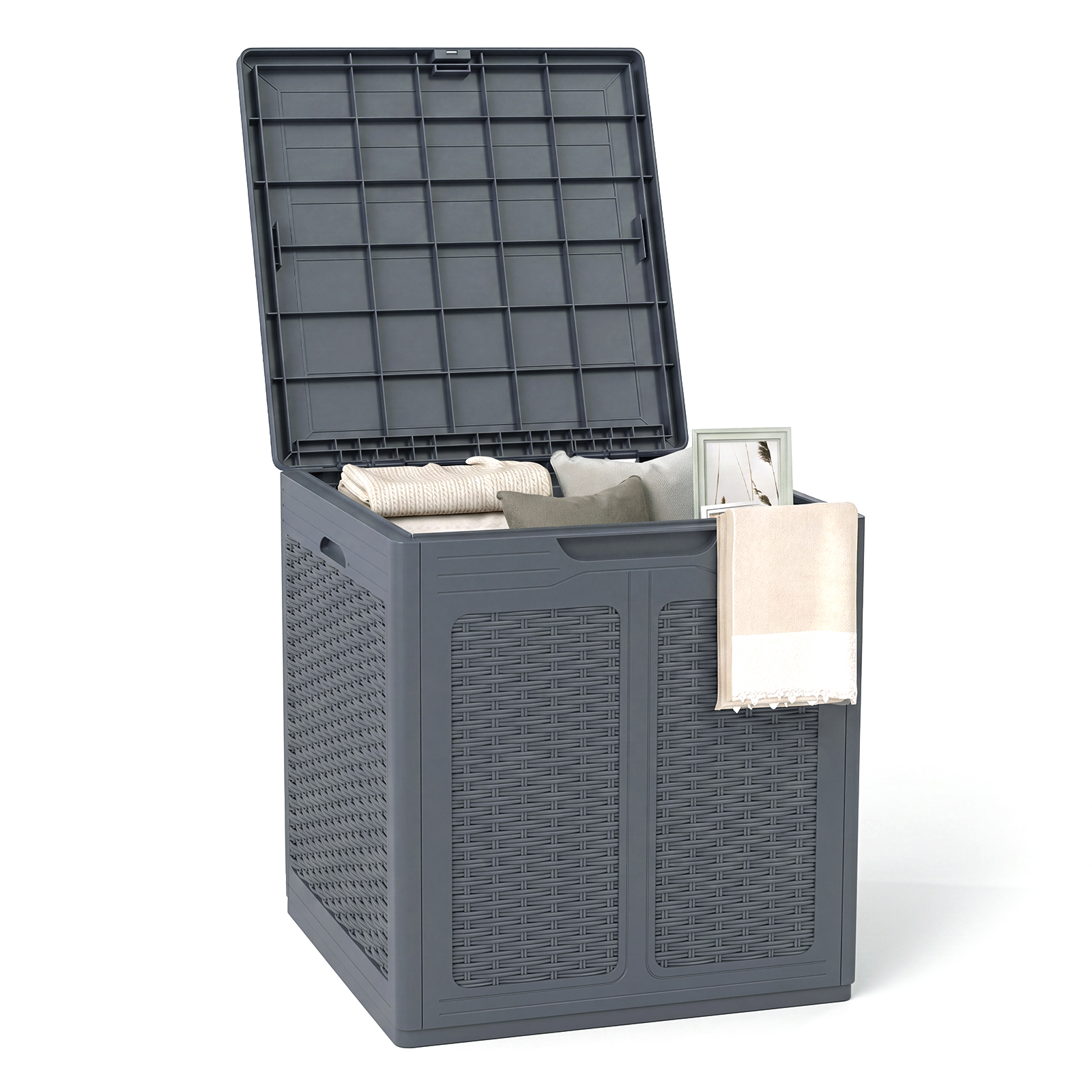 Costway 39 Gallon Outdoor Storage Box with Rattan Patterns & Lockable Lid for Garden Tools
