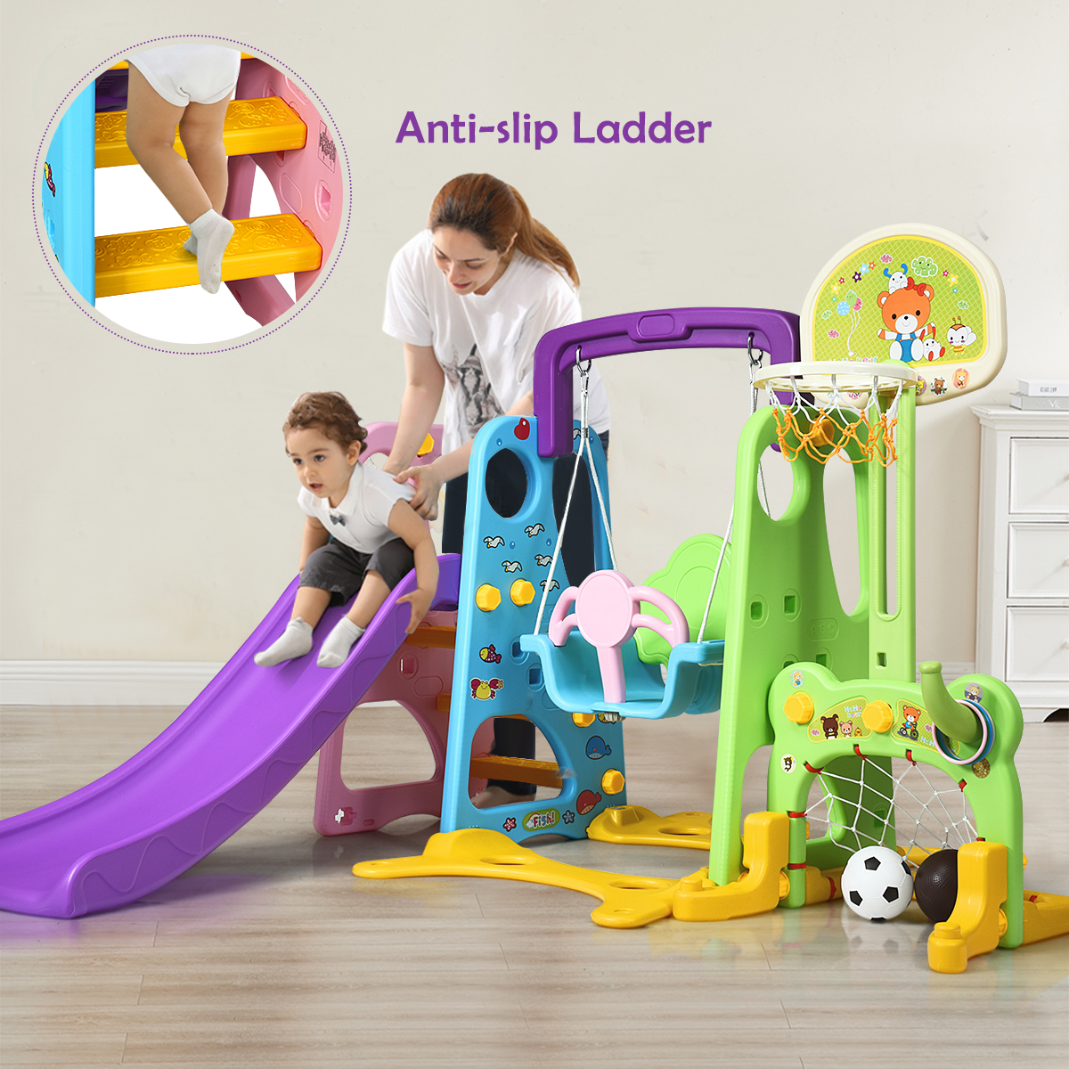 Costway 6 In 1 Toddler Climber and Swing Set w/ Basketball Hoop & Football