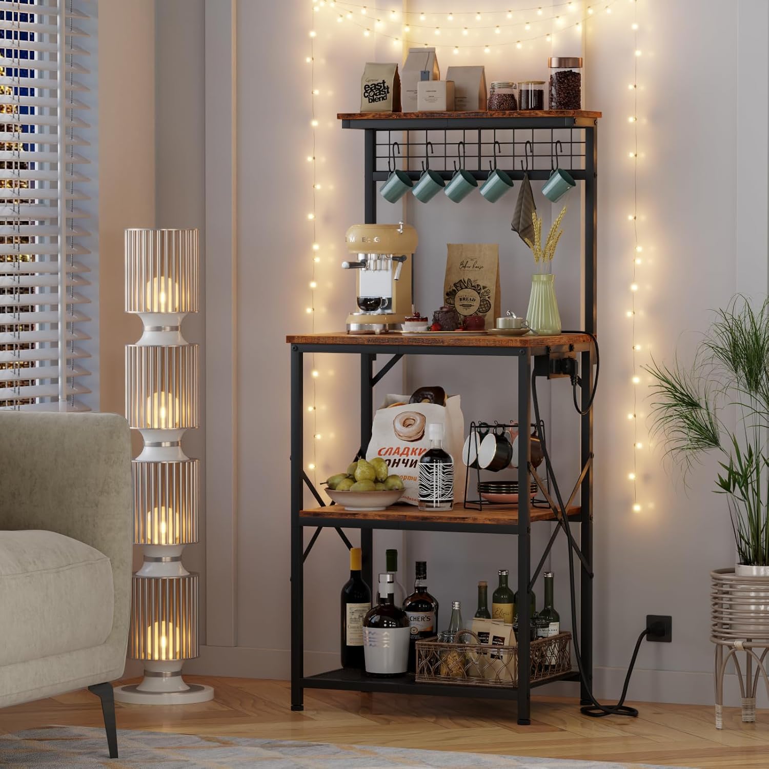 Kitchen Bakers Rack with Hutch Coffee Bar Station 4 Tiers Microwave Oven Stand with 6 S Hooks and Pegboard