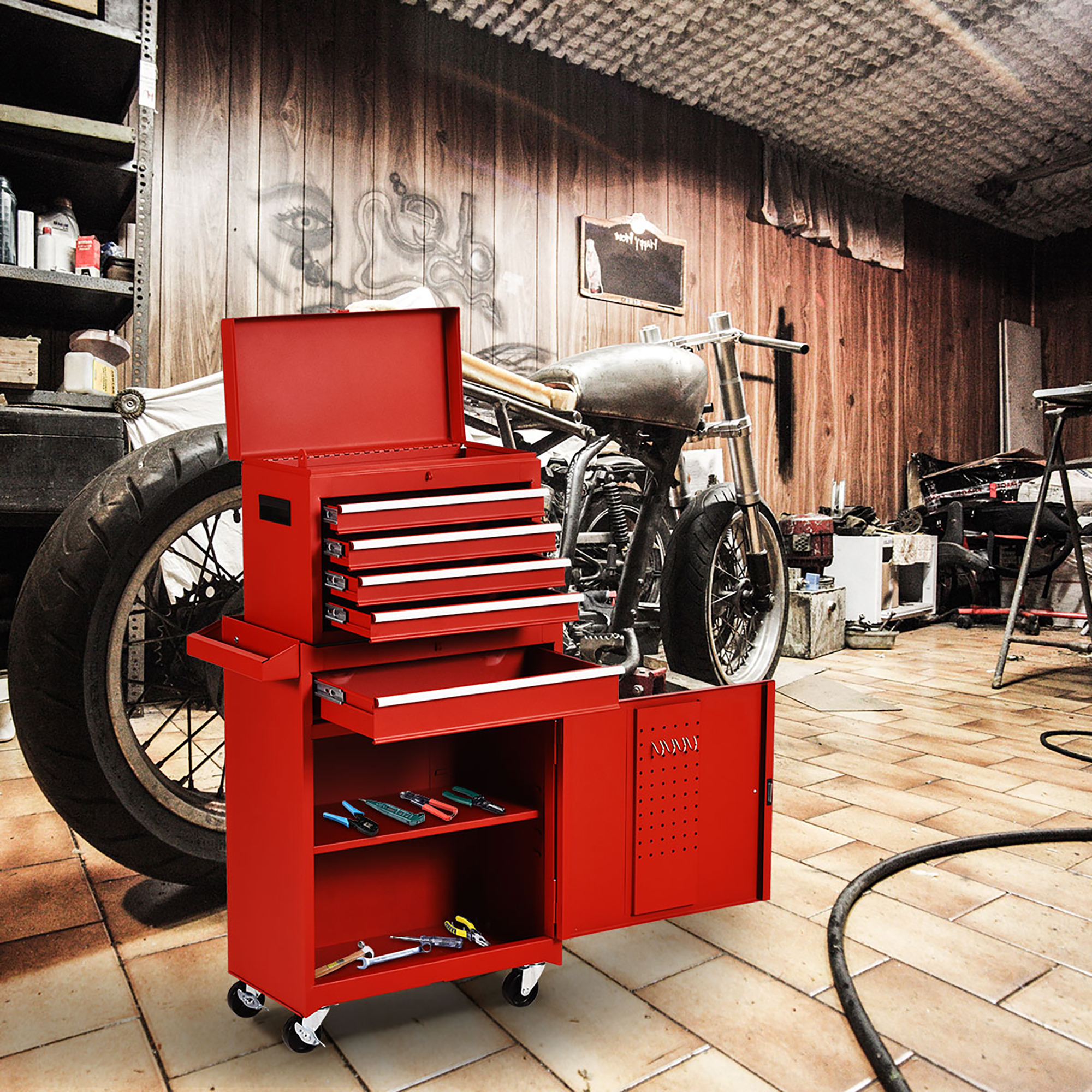 2 in 1 Tool Chest & Cabinet with 5 Sliding Drawers Rolling Garage Organizer