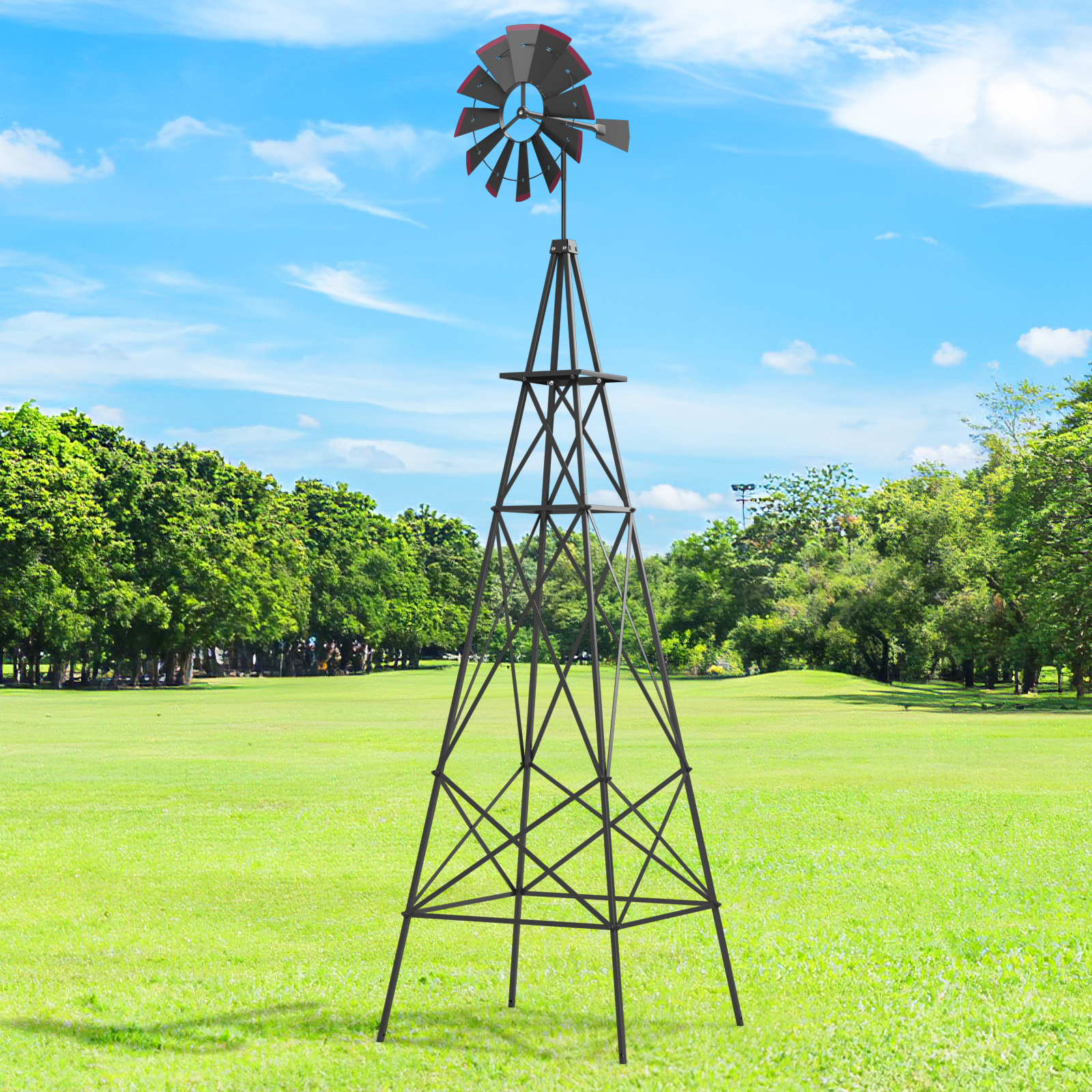 Costway 8 ft All-Weather Metal Wind Mill with 4 Support Legs 4 Ground Stakes Included Gray/Red/Green