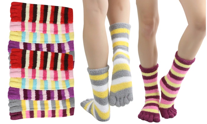 6-Pairs: Cozy Striped Plush Winter Toe Socks
