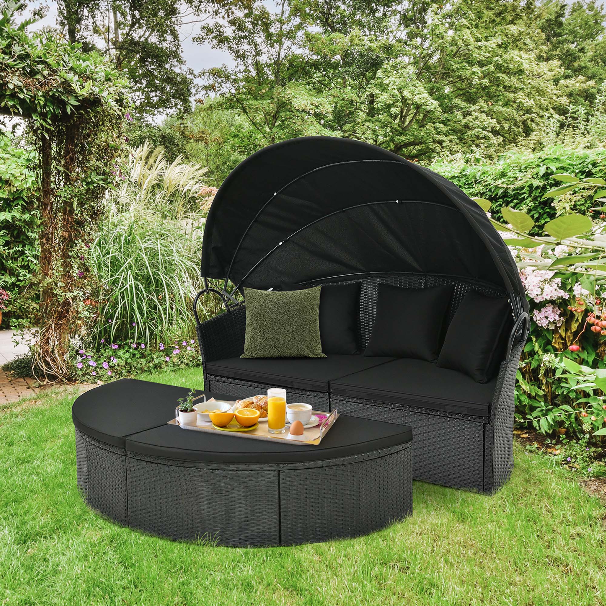 Costway Patio Round Daybed with Retractable Canopy Rattan Sectional Seating