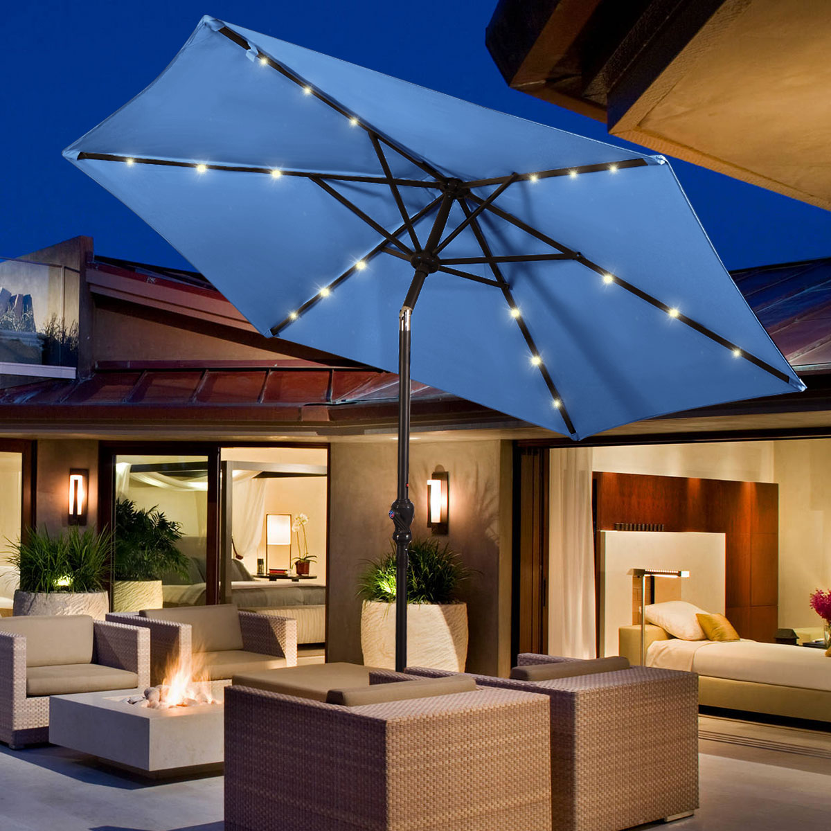 9 Ft Steel Patio LED Solar Umbrella W/ Crank