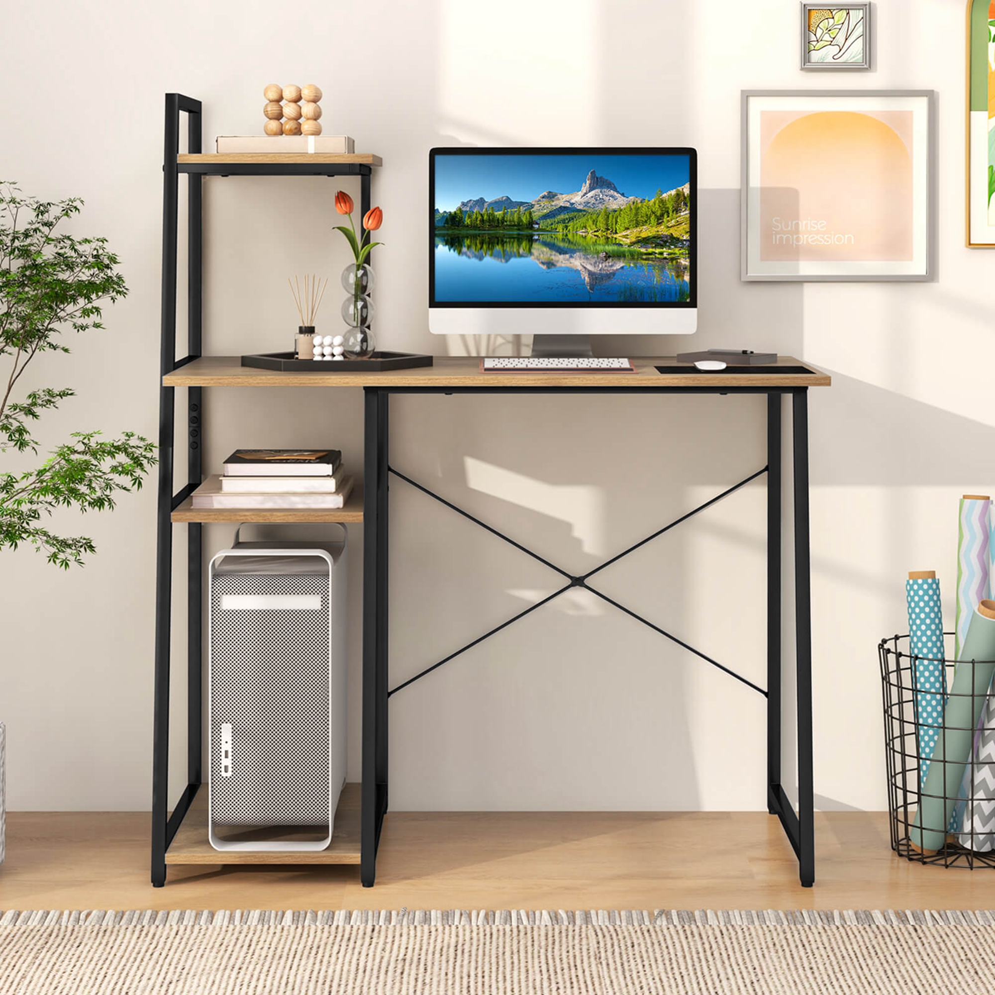 Costway Home Office Desk with Bookshelf Host Stand Metal Frame Study Writing Desk